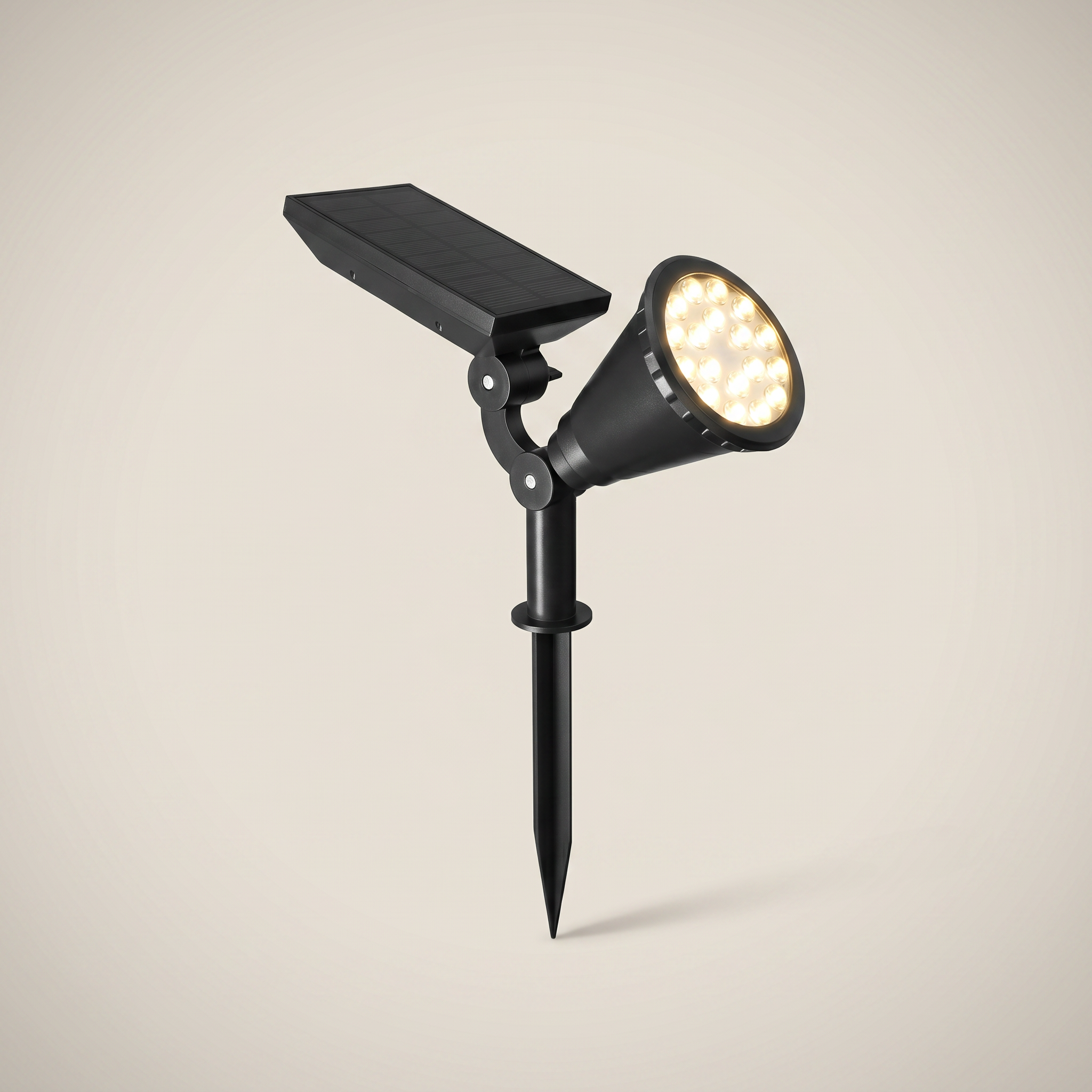 Three-quarter view of ABS White Adjustable Solar 7-Light Outdoor Tree Spotlight with cool white LEDs and reinforced ground stake visible