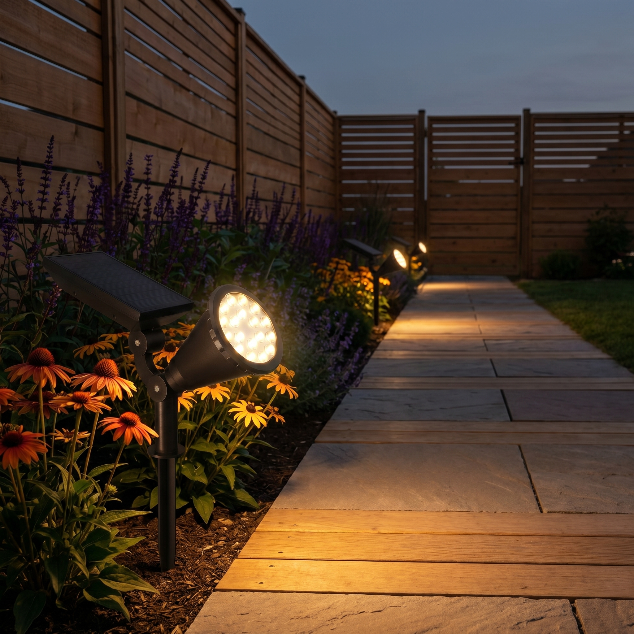 Top-down view of ABS White Adjustable Solar 7-Light Outdoor Tree Spotlight showing warm white LEDs and polycrystalline solar panel