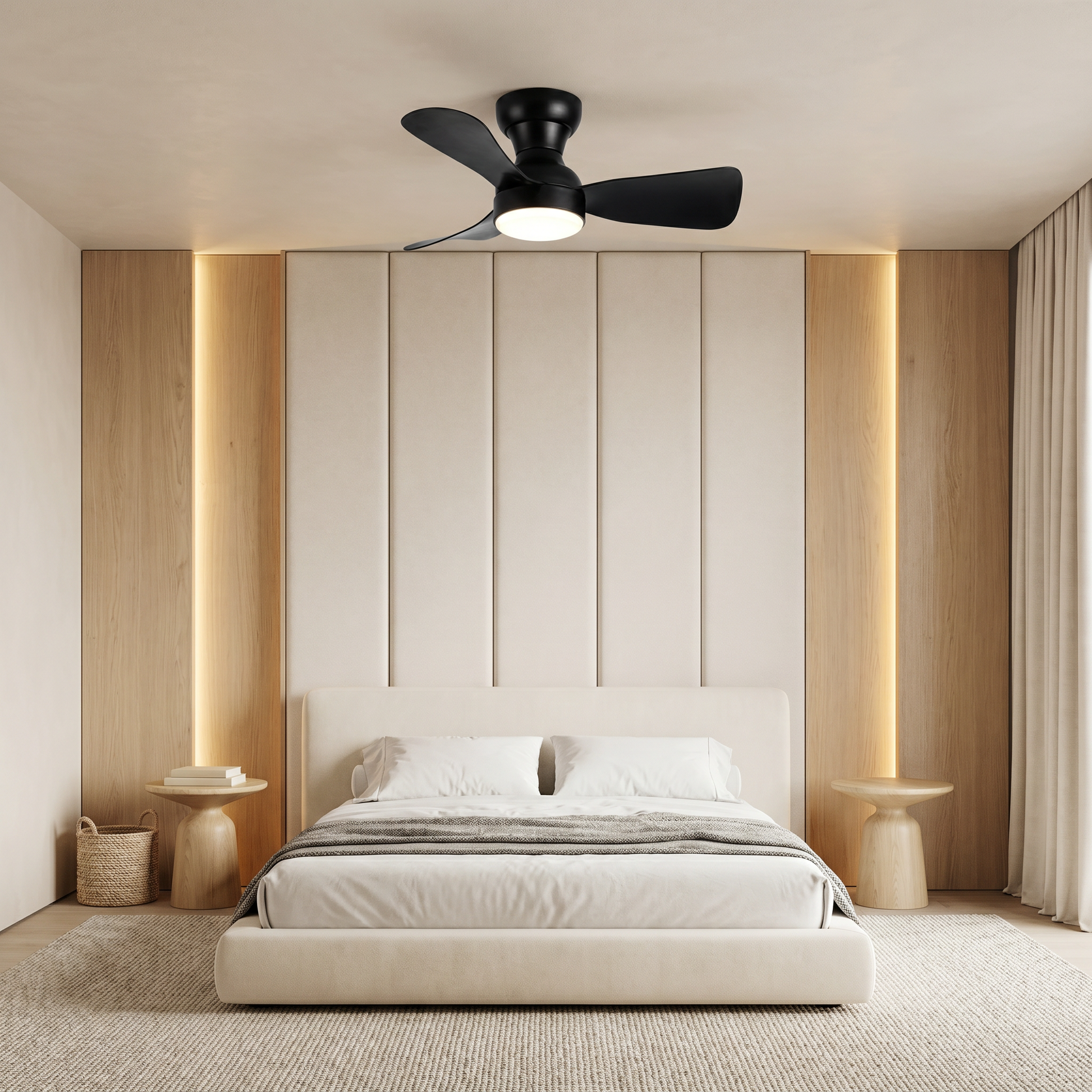 White ABS flush mount ceiling light with fan lit in bedroom scene showing flush mount installation