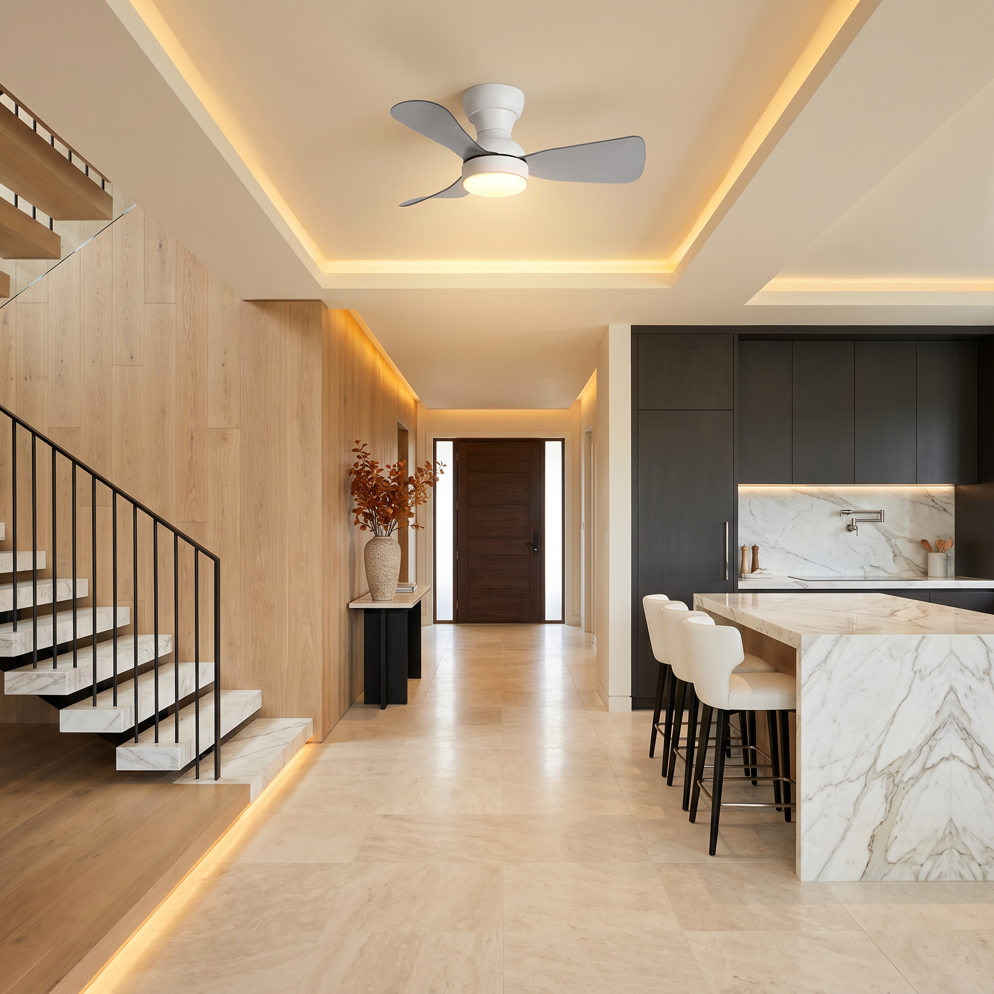 White ABS flush mount ceiling light with fan lit in foyer scene showing flush mount installation