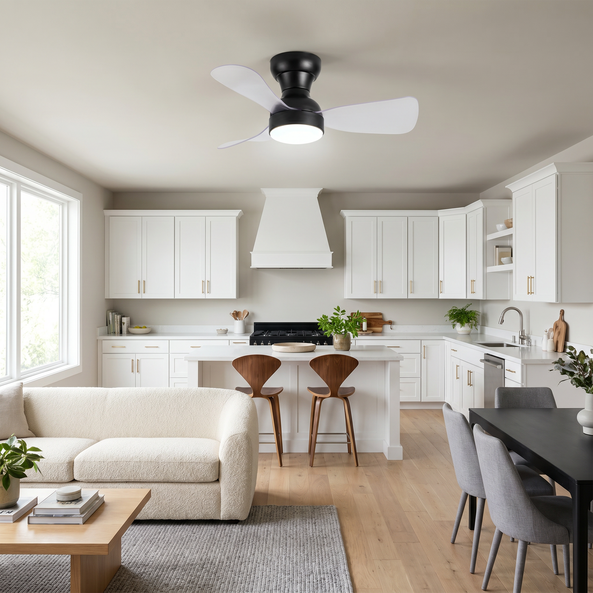 White ABS flush mount ceiling light with fan lit in kitchen scene showing flush mount design
