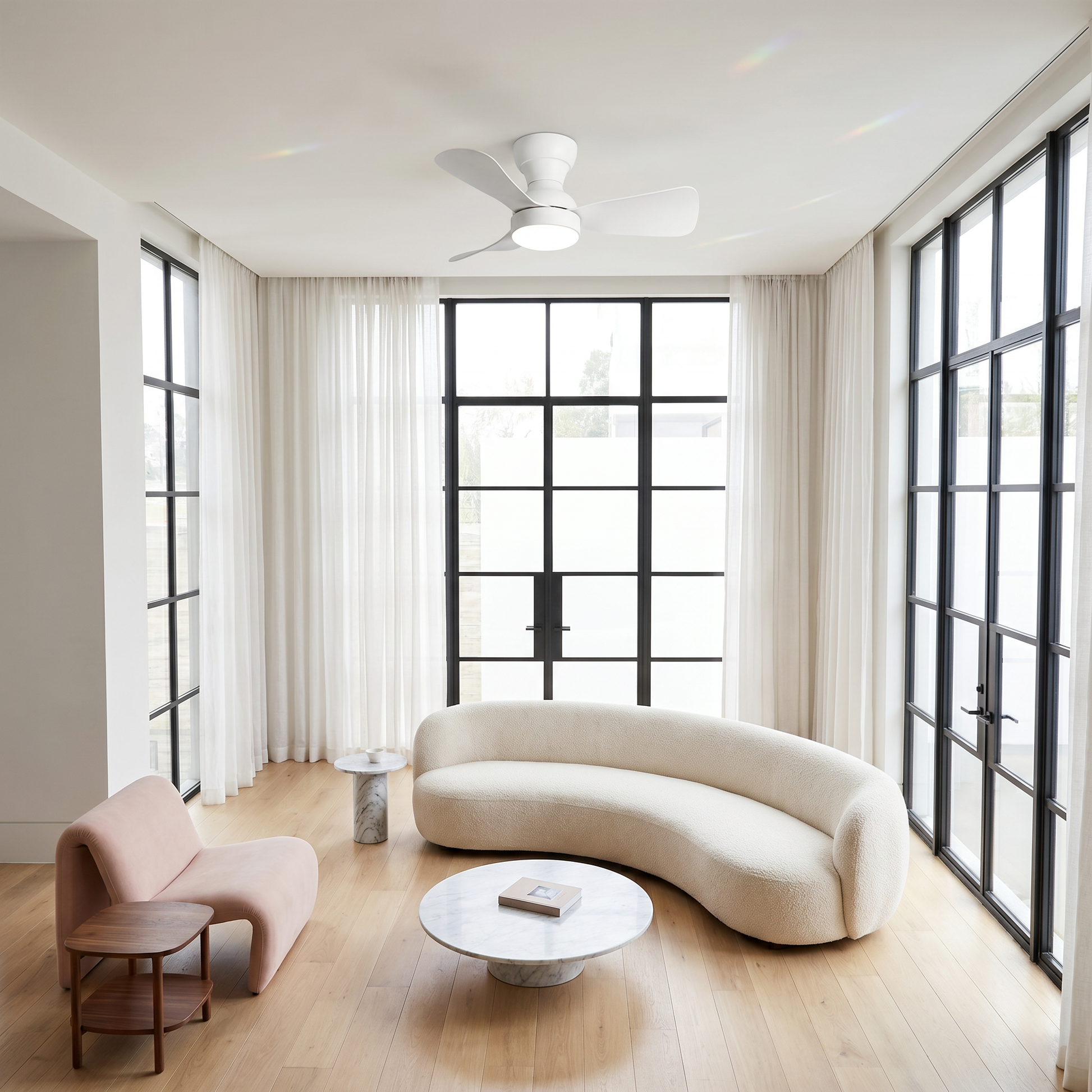 White ABS flush mount ceiling light with fan lit in living room scene showing flush mount installation