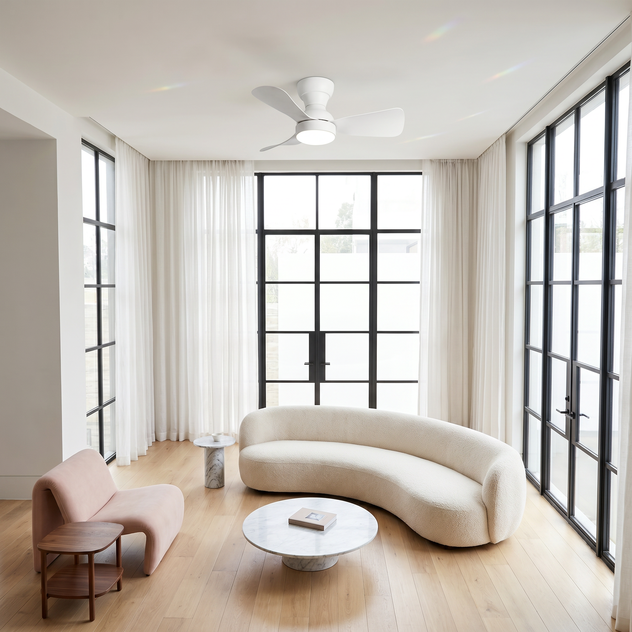 White ABS flush mount ceiling light with fan lit in living room scene showing flush mount installation