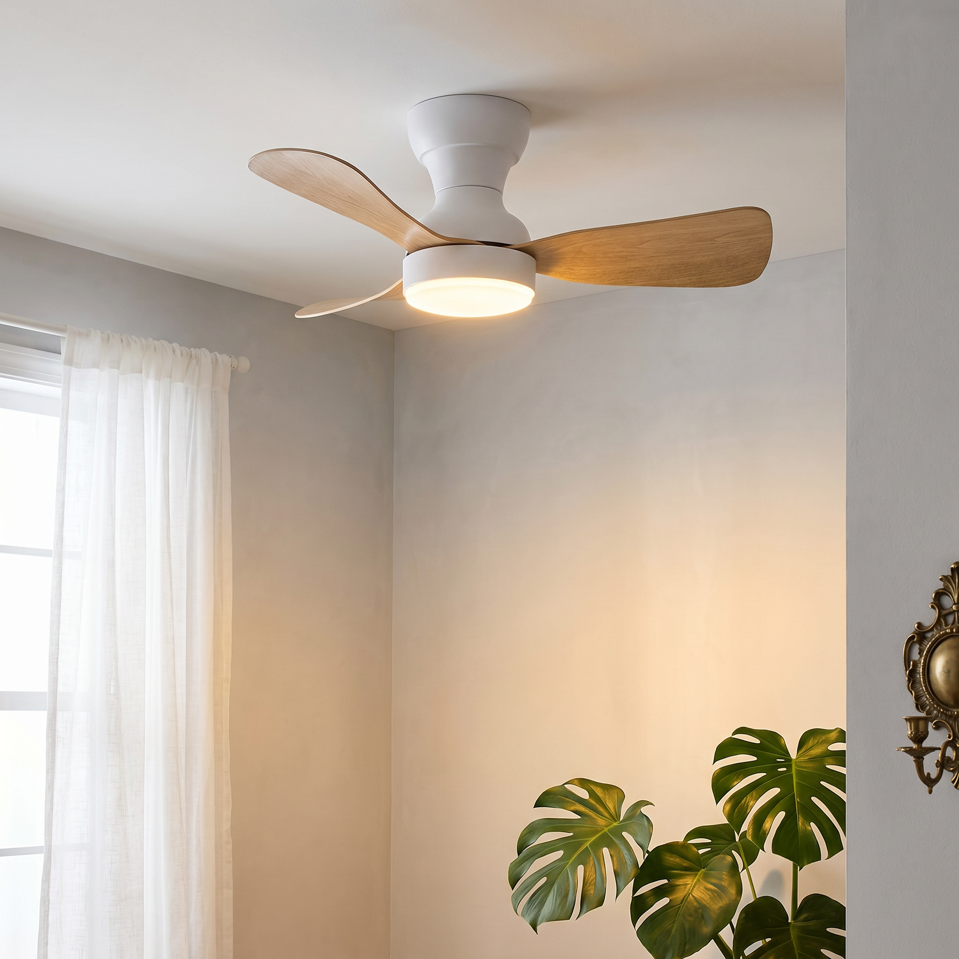 White ABS flush mount ceiling light with fan lit in other room scene showing flush mount installation
