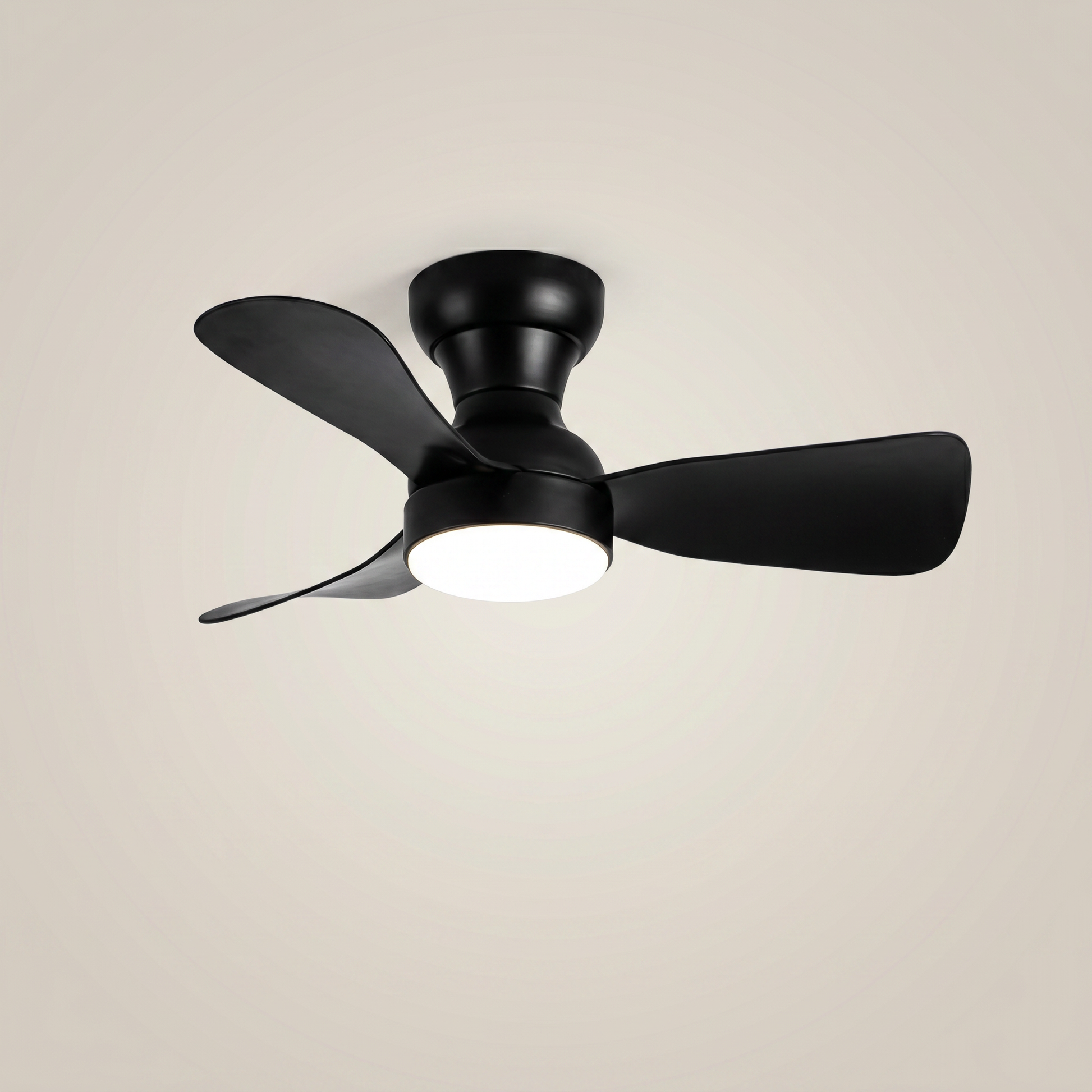 All black ABS flush mount ceiling light with fan shown at three-quarter angle lit with remote control