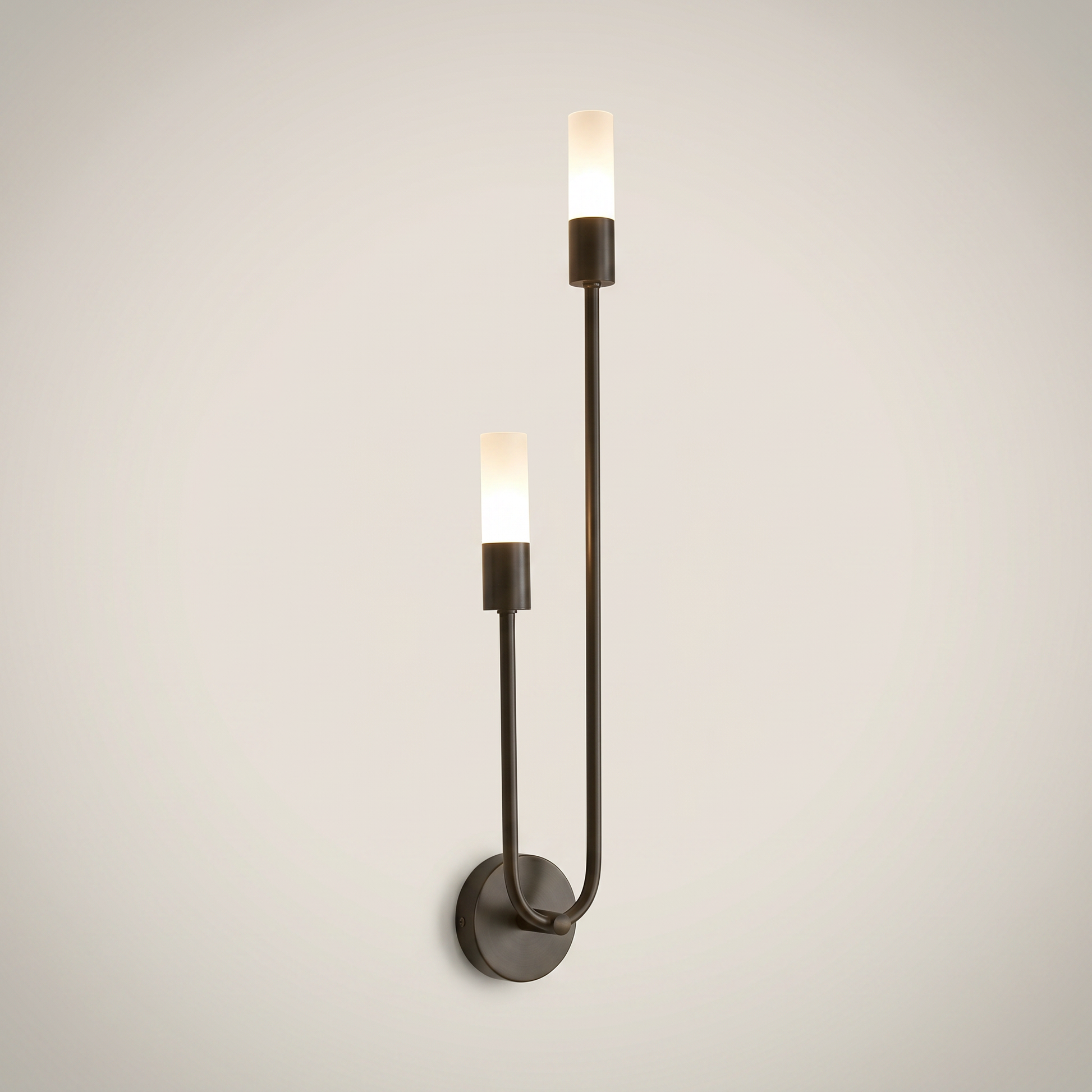 Close-up of matte black Acrylic Shade Iron Surface Mount 3W Warm LED Wall Sconce lit showing acrylic shade and iron body, position thirteen