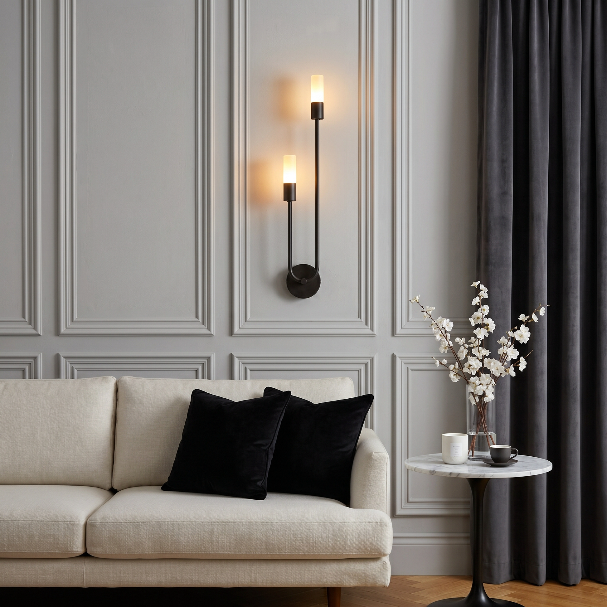 Matte black Acrylic Shade Iron Surface Mount 3W Warm LED Wall Sconce eye-level wide shot lit on living room wall showing iron body