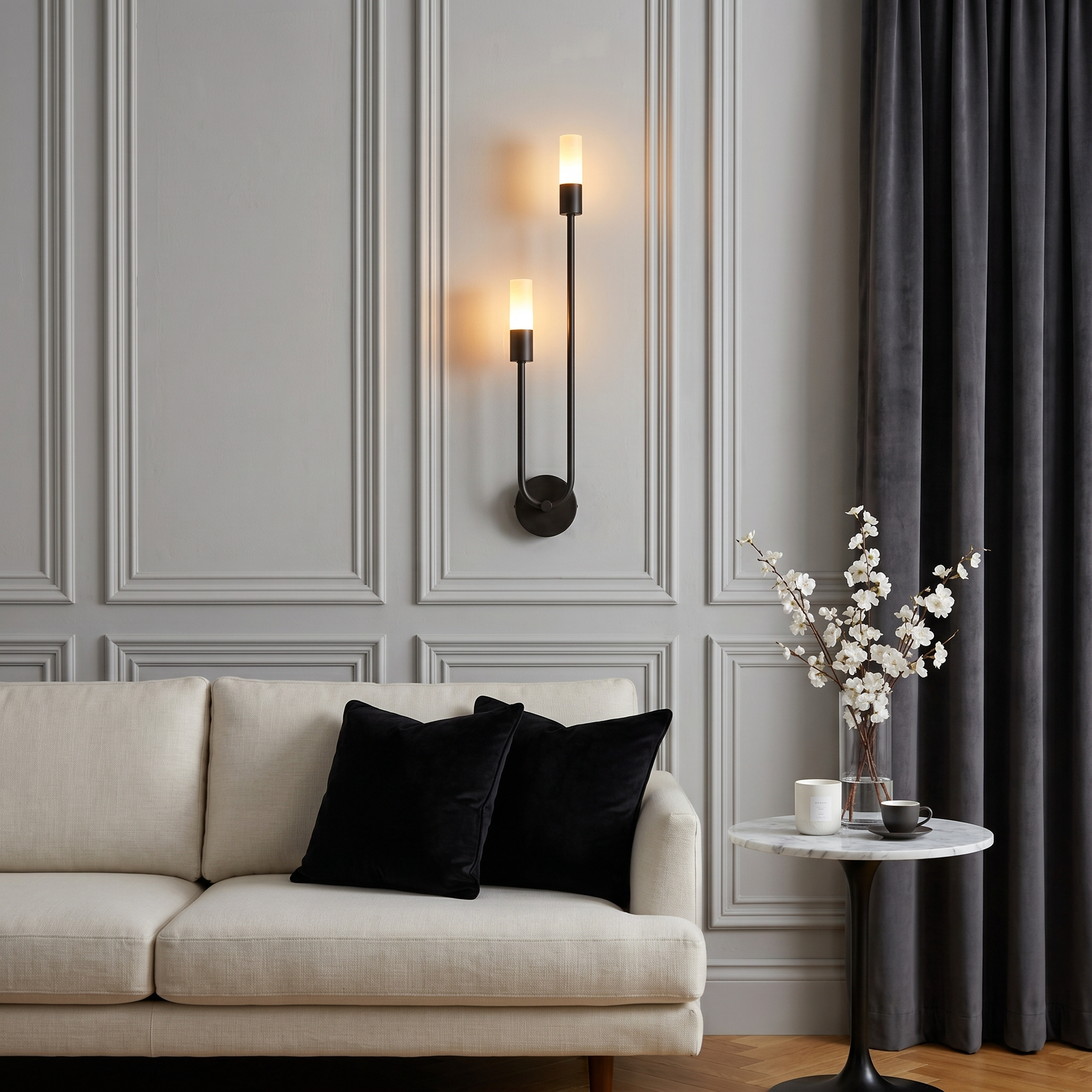 Matte black Acrylic Shade Iron Surface Mount 3W Warm LED Wall Sconce eye-level wide shot lit on living room wall showing iron body