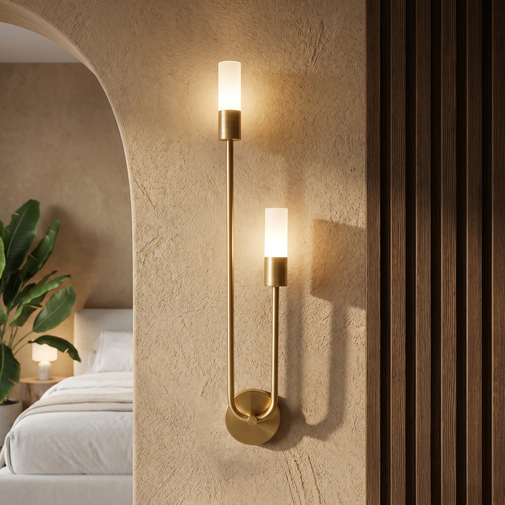 Matte black Acrylic Shade Iron Surface Mount 3W Warm LED Wall Sconce front view lit on hallway wall with iron body visible in lifestyle scene