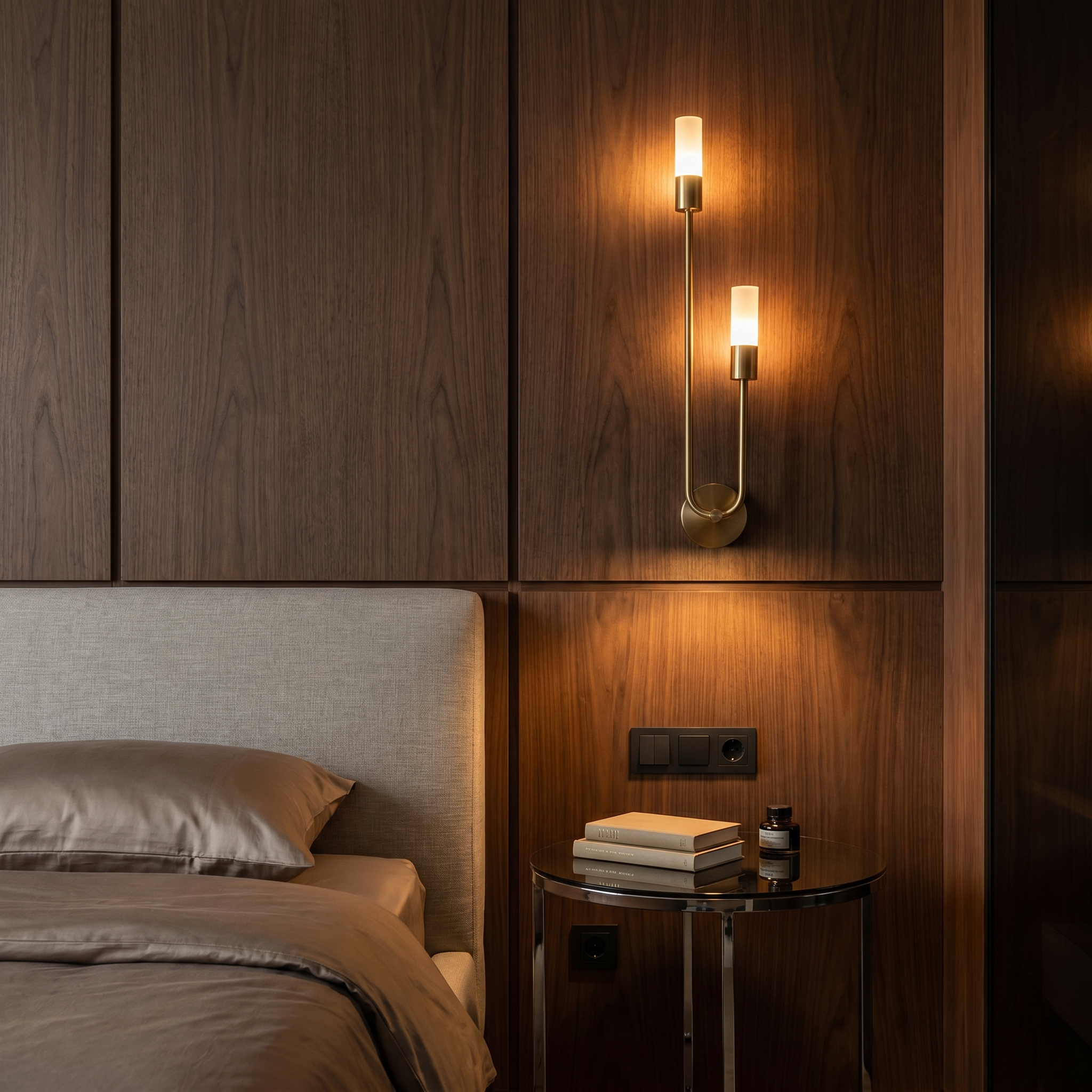 Matte black Acrylic Shade Iron Surface Mount 3W Warm LED Wall Sconce at three-quarter angle lit on bedroom bedside wall in lifestyle scene