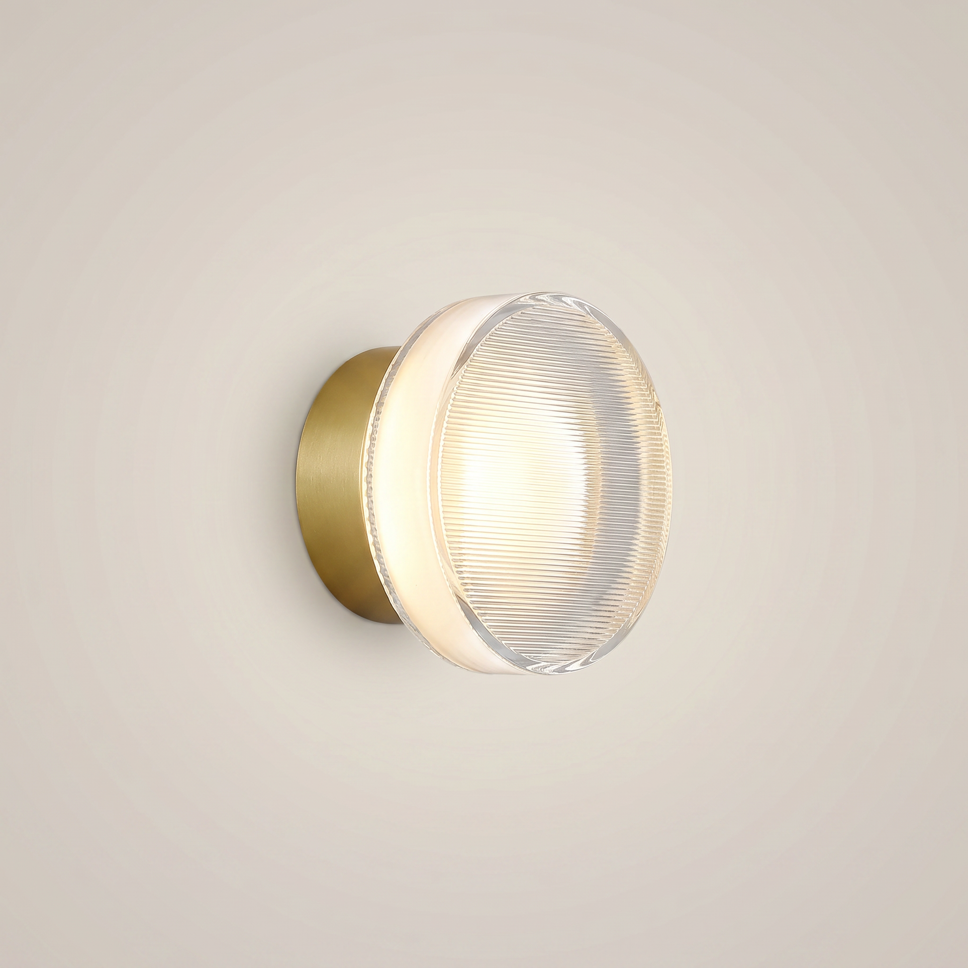 Front view close-up of Acrylic Smoke Gray Concave three-color dimming 1-light wall sconce with warm light, smoke gray acrylic, and brushed aluminum trim