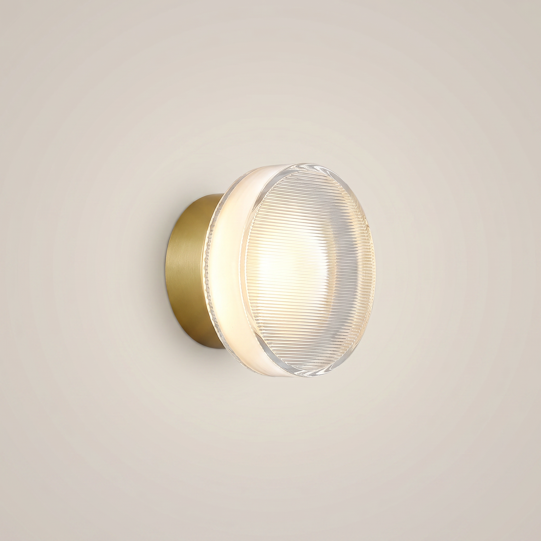 Front view close-up of Acrylic Smoke Gray Concave three-color dimming 1-light wall sconce with warm light, smoke gray acrylic, and brushed aluminum trim