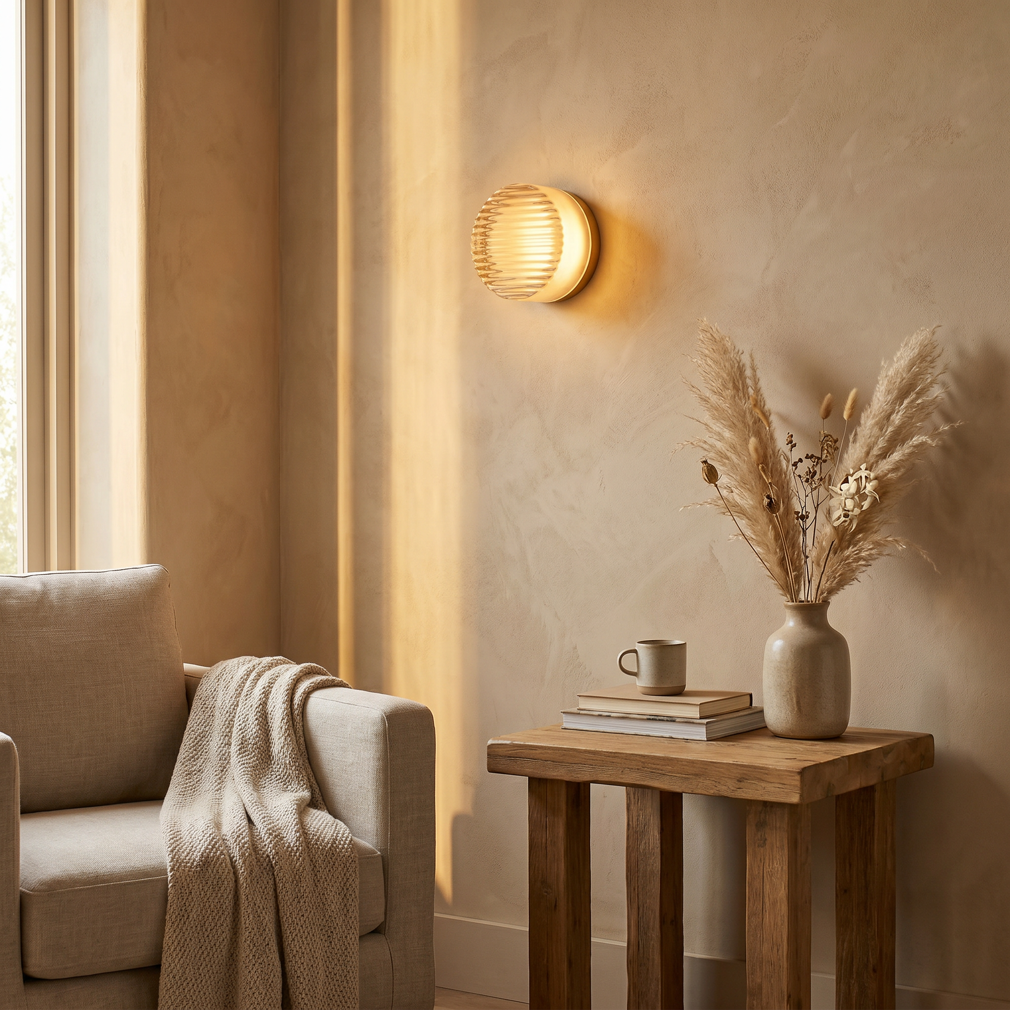 Acrylic Smoke Gray Concave three-color dimming 1-light wall sconce shown side profile in corridor with warm light and brushed aluminum trim