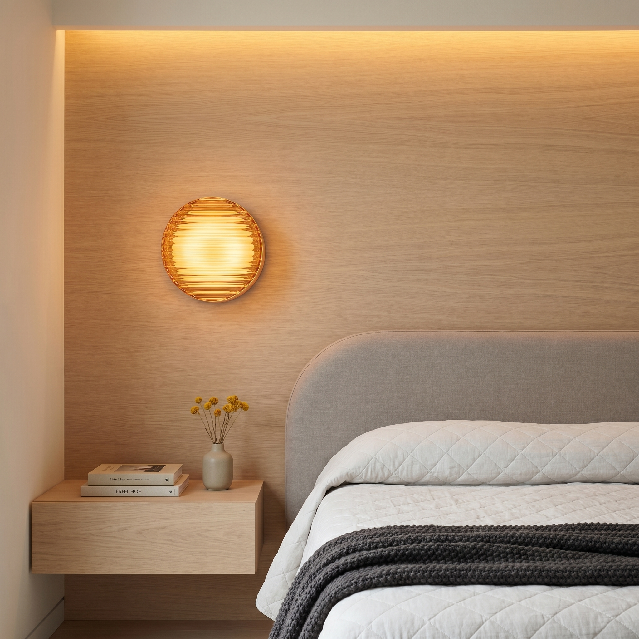 Acrylic Smoke Gray Concave three-color dimming 1-light wall sconce displayed eye-level wide in entryway with warm light and smoke gray acrylic shade