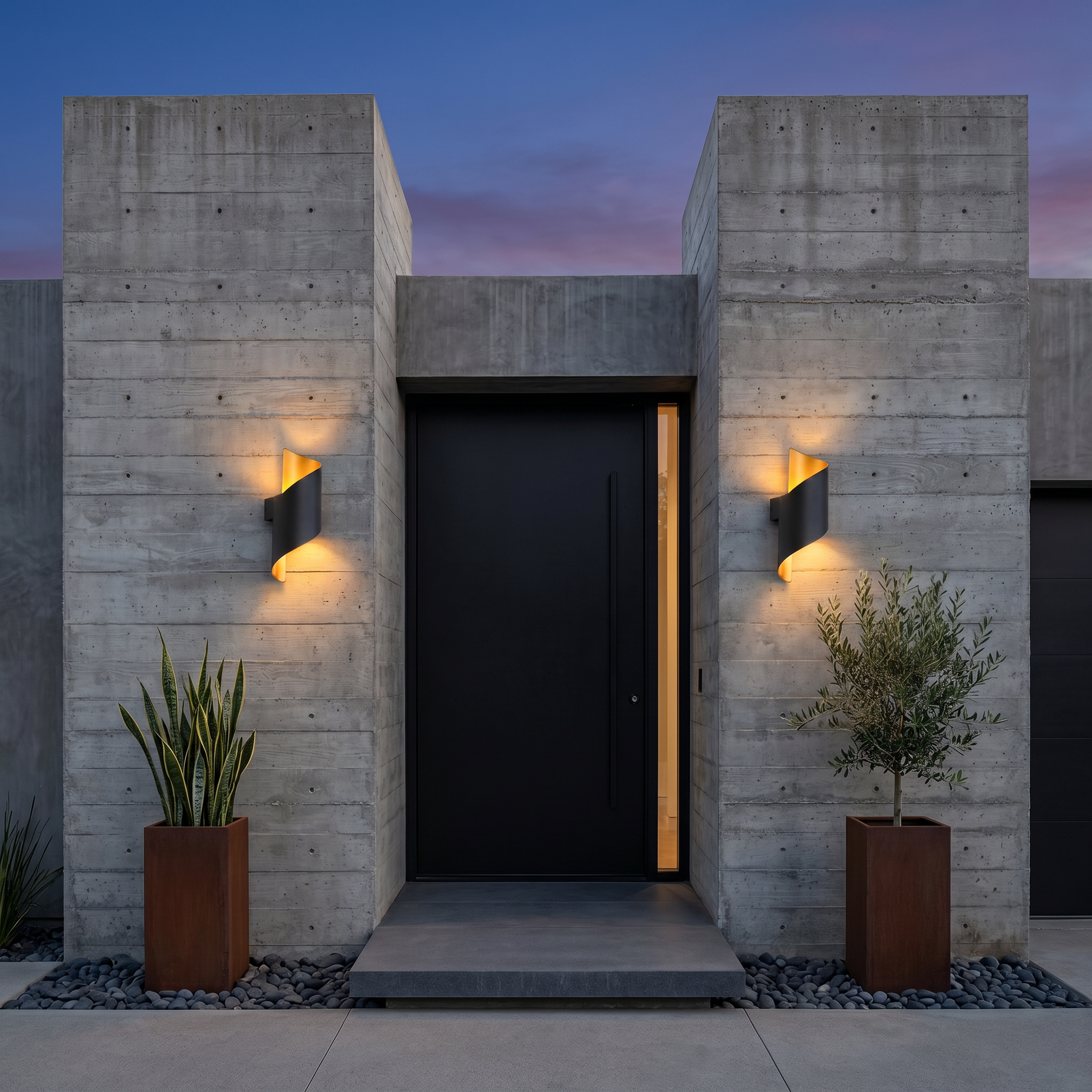 Aluminum alloy black gold 2-bead IP65 waterproof outdoor wall sconce side profile with natural white light in courtyard setting
