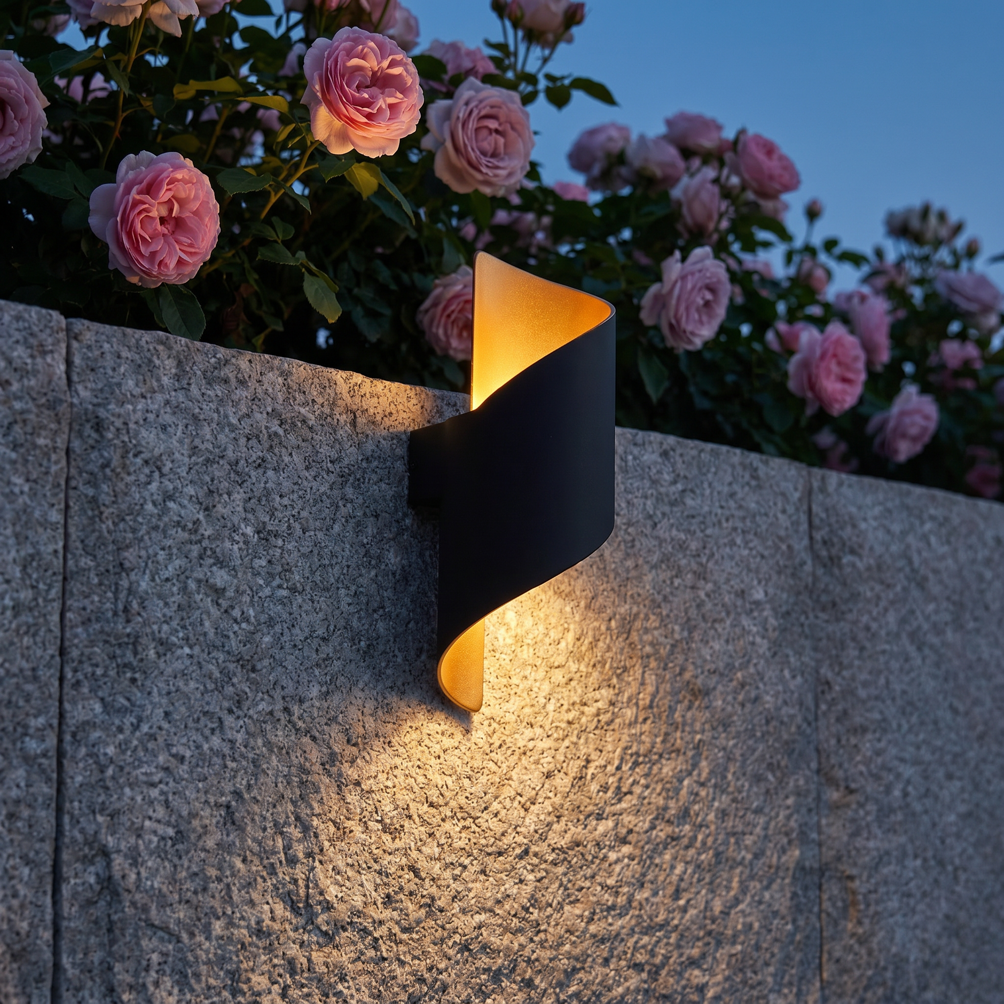 Aluminum alloy black gold 2-bead IP65 waterproof outdoor wall sconce at three-quarter angle with warm light on exterior wall