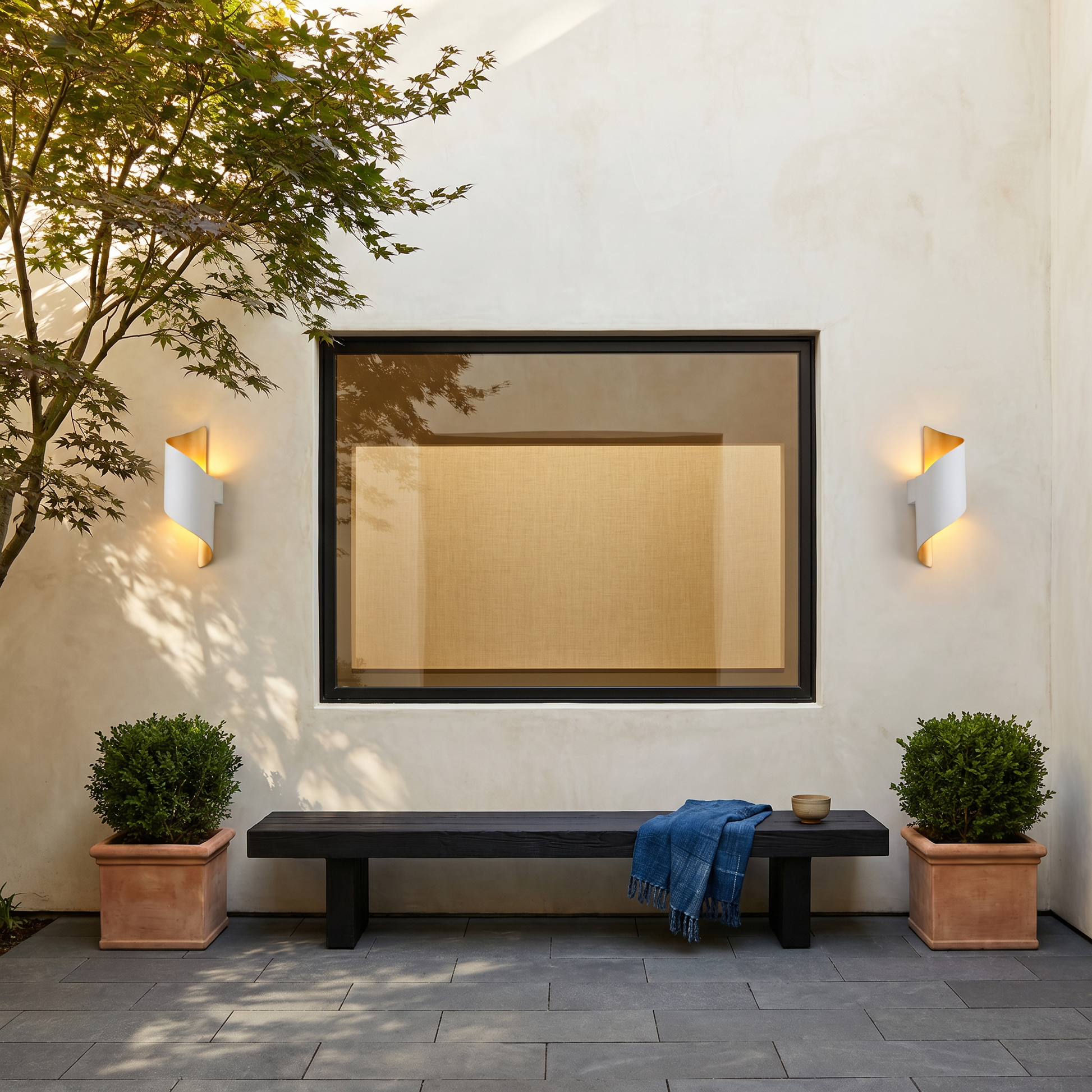 Aluminum alloy black gold 2-bead IP65 waterproof outdoor wall sconce top-down view showing pool deck linear arrangement with warm glow