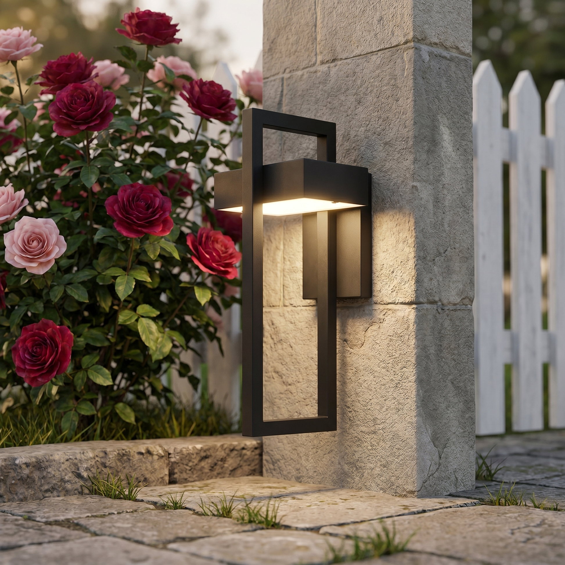 Ambient room lifestyle shot of aluminum alloy sand black rectangular Osram LED outdoor wall sconce in garden patio showing matte black finish and soft white light