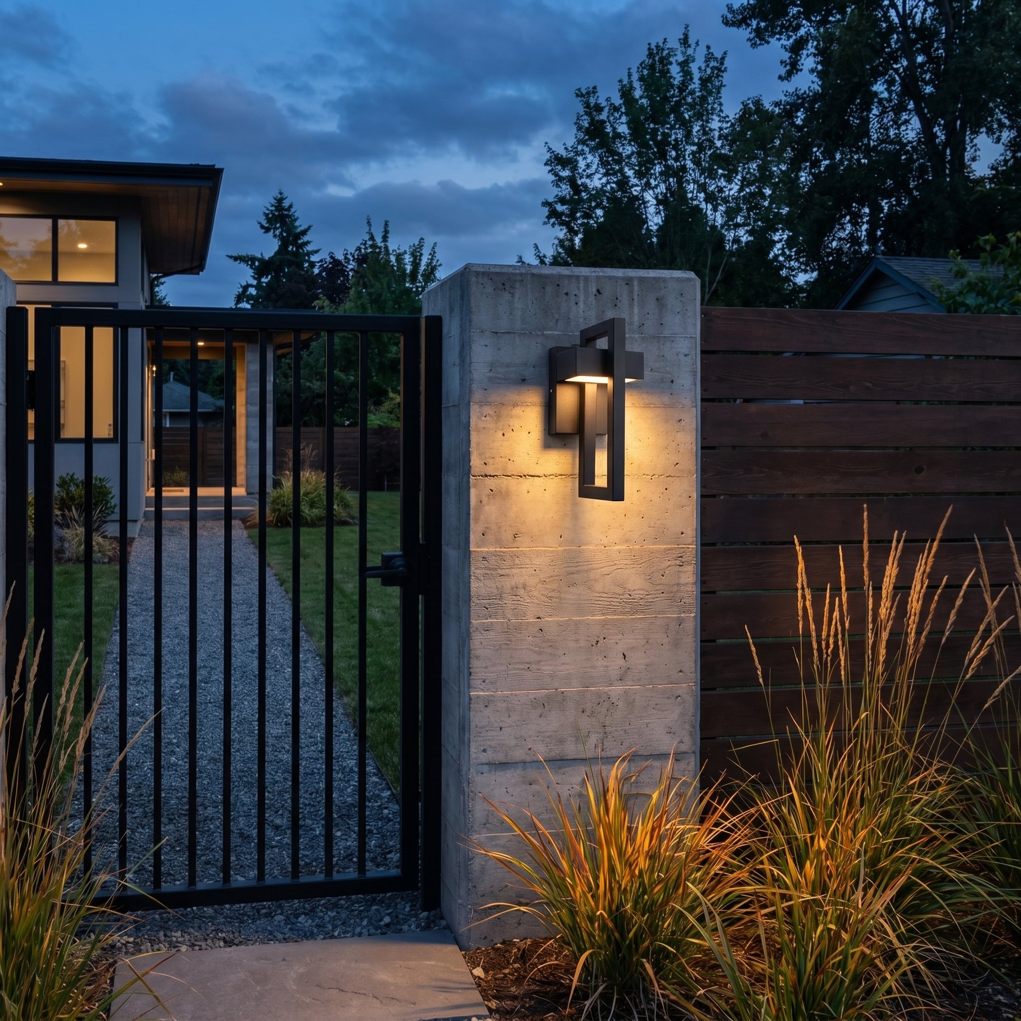 Eye-level wide angle view of aluminum alloy sand black rectangular Osram LED outdoor wall sconce installed in garden patio with soft white light
