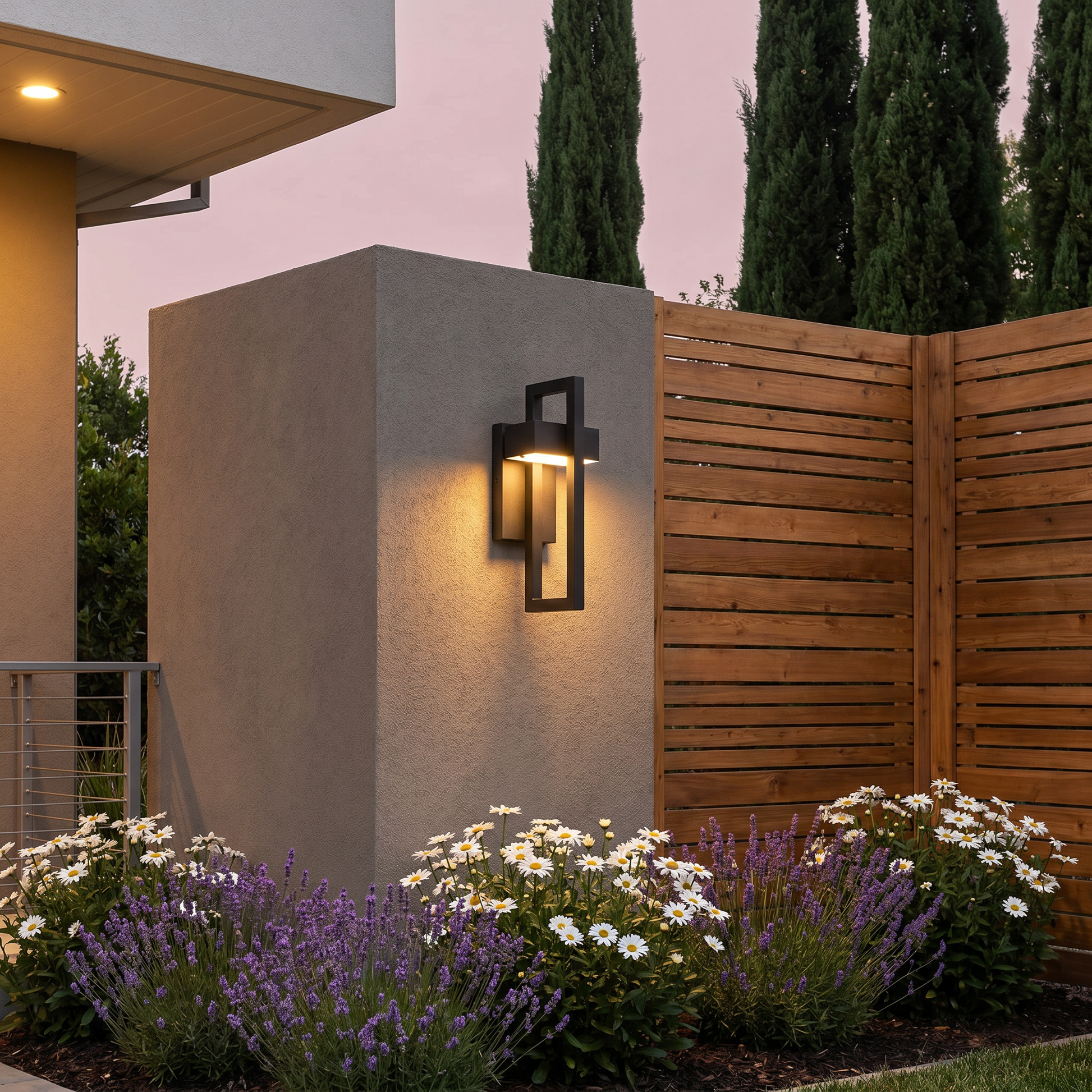 Front view of aluminum alloy sand black rectangular Osram LED outdoor wall sconce mounted on balcony wall showing matte black finish and acrylic shade