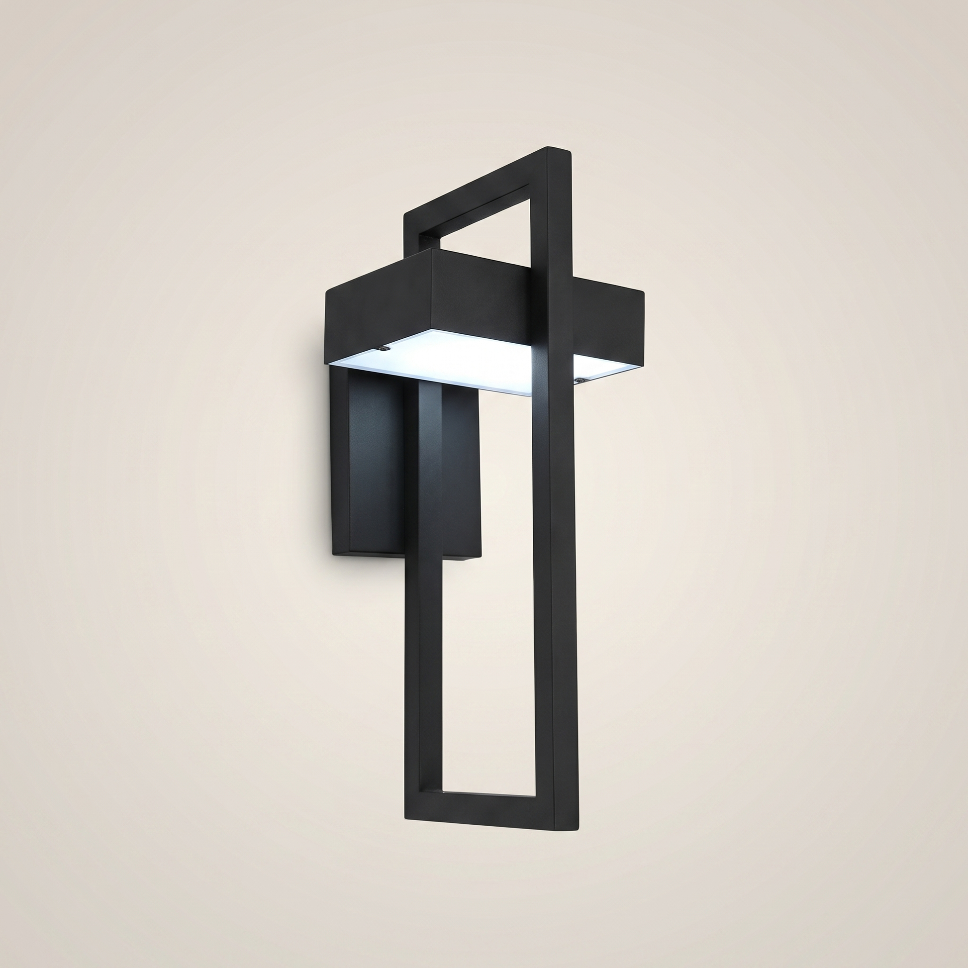Front view of aluminum alloy sand black rectangular Osram LED outdoor wall sconce glowing with neutral white light and featuring matte black finish and acrylic shade