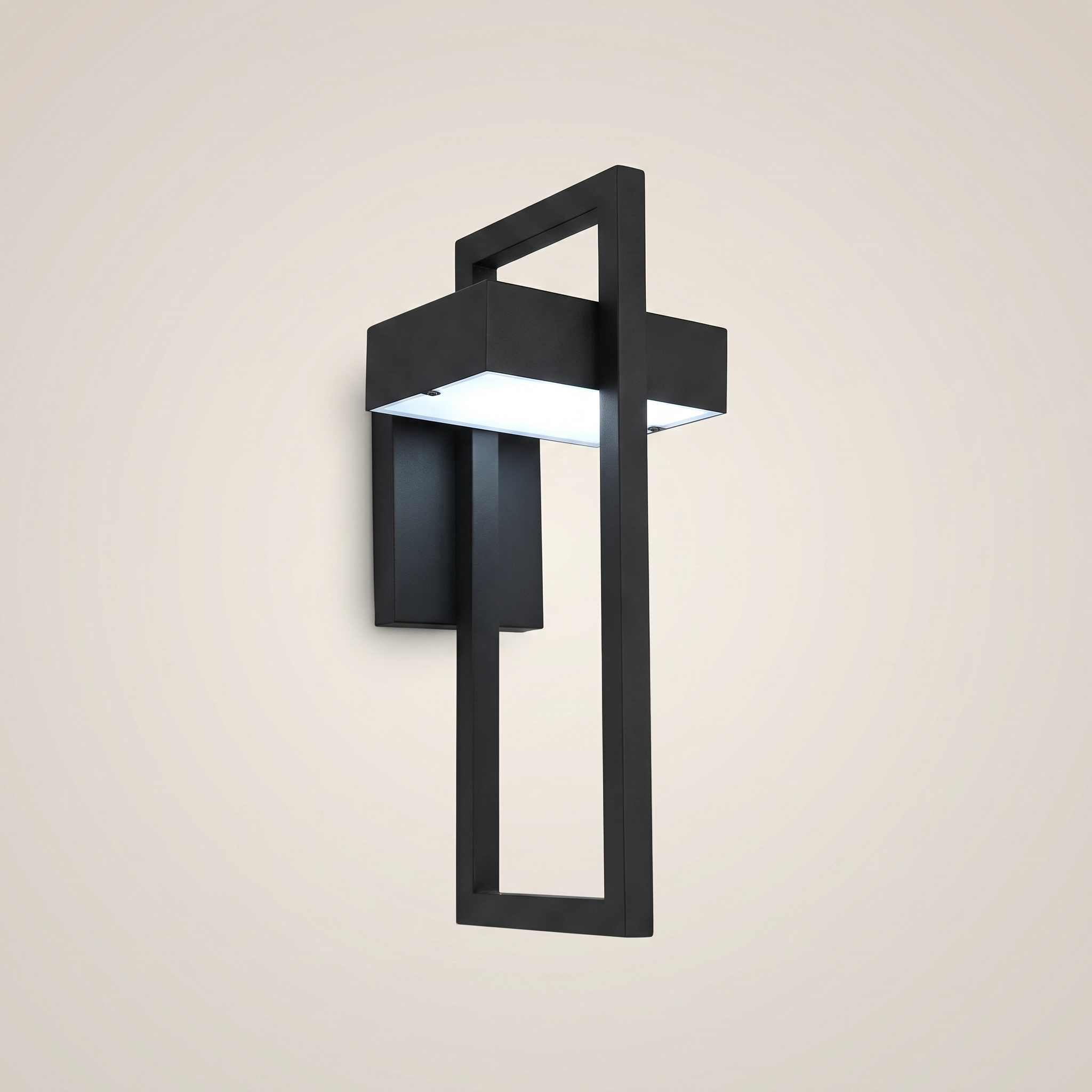 Front view of aluminum alloy sand black rectangular Osram LED outdoor wall sconce glowing with neutral white light and featuring matte black finish and acrylic shade