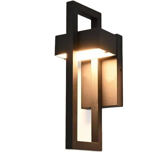 Three-quarter lit view of aluminum alloy sand black rectangular Osram LED outdoor wall sconce highlighting matte black finish and IP65 weatherproof protection