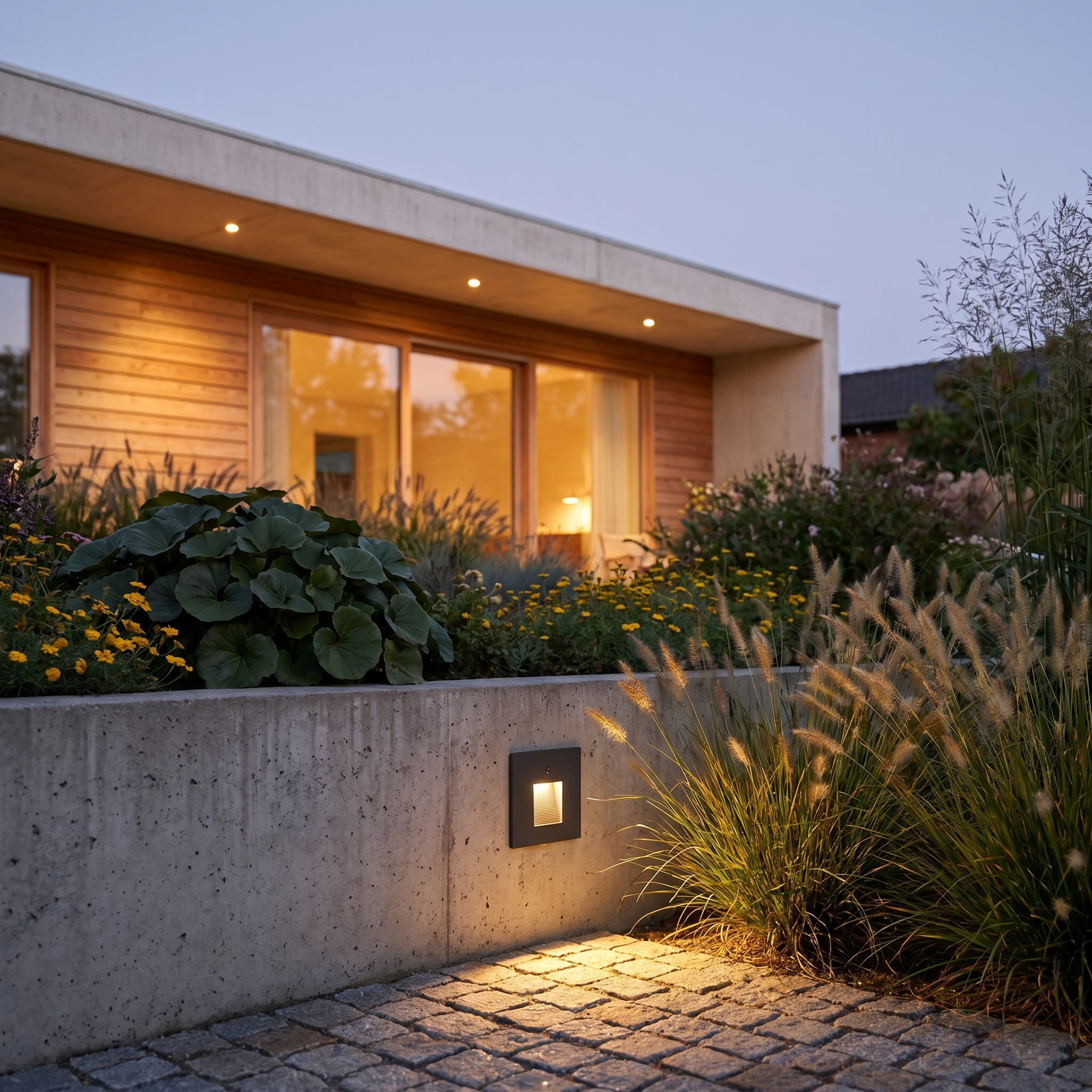 Aluminum Black 86-Type motion sensor stair light mounted on corridor wall glowing warm light in outdoor setting