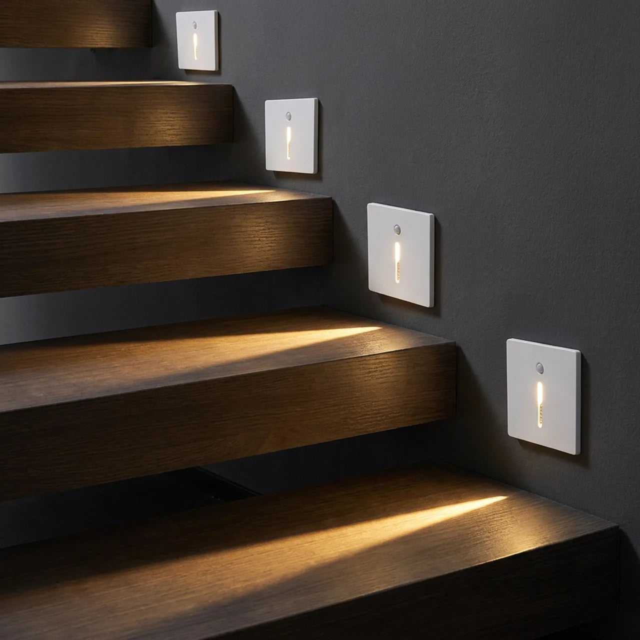 Aluminum Black 86-Type motion sensor stair light at three-quarter angle with black shell and LED lit