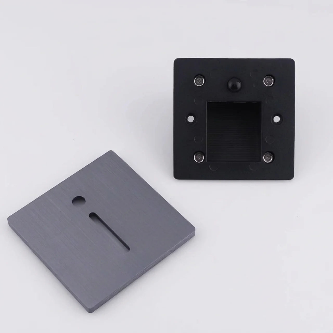 Top-down detail shot of Aluminum Black 86-Type motion sensor stair light showing black shell and Osram LED chip
