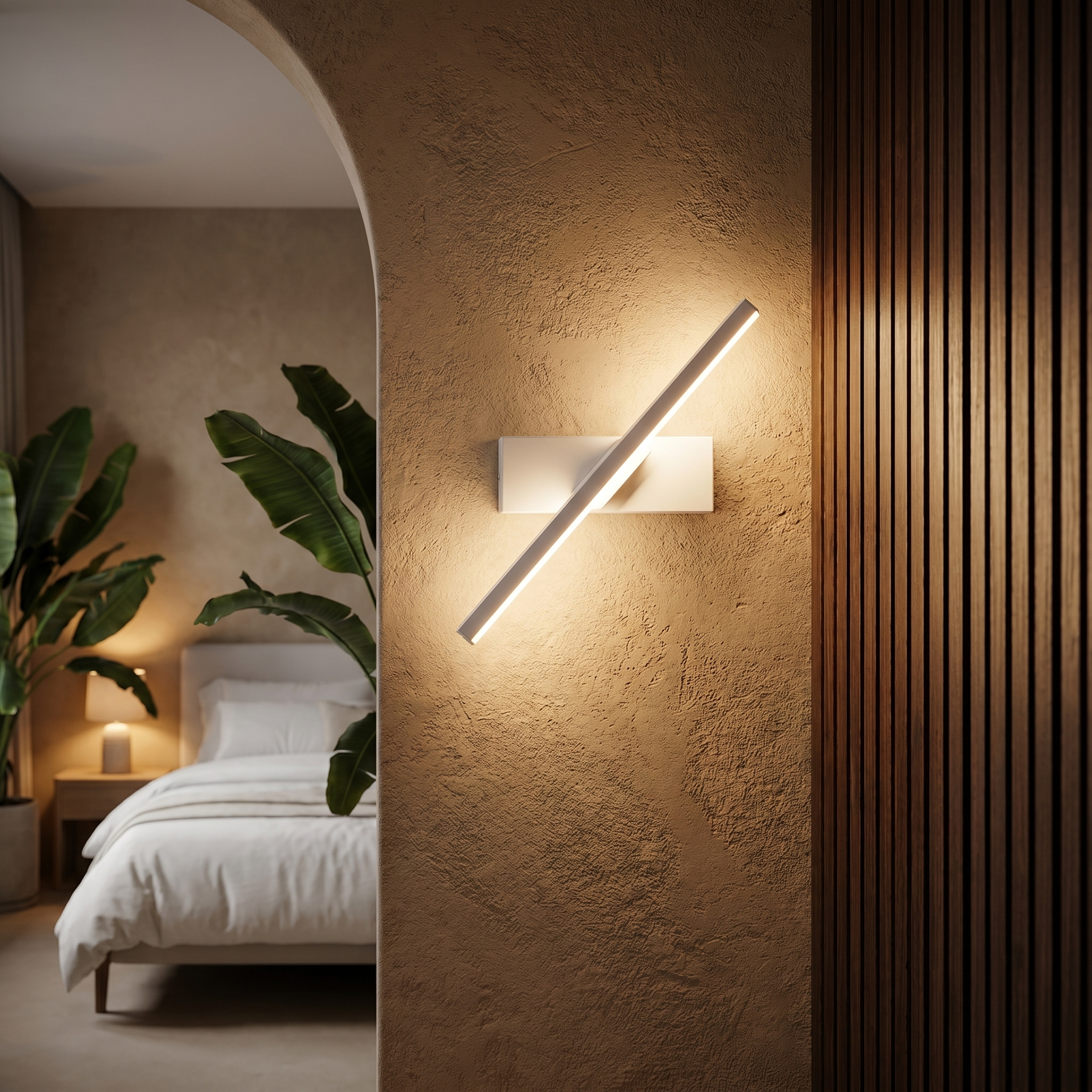 Aluminum black bar adjustable LED wall sconce shown eye level wide angle in 60cm length mounted in hallway with LED light lit