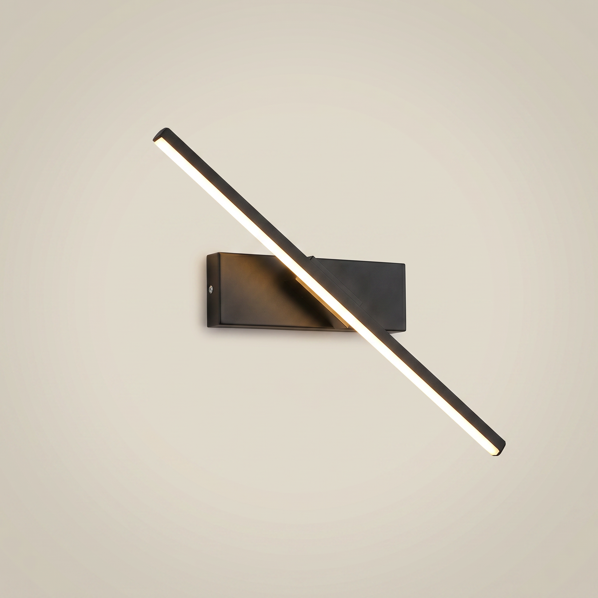 Aluminum black bar adjustable LED wall sconce shown front view in 30cm length with LED light lit