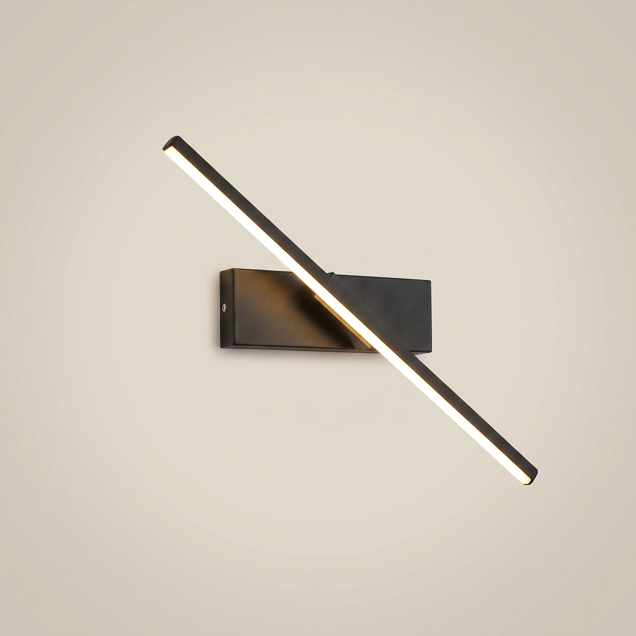 Aluminum black bar adjustable LED wall sconce shown front view in 30cm length with LED light lit