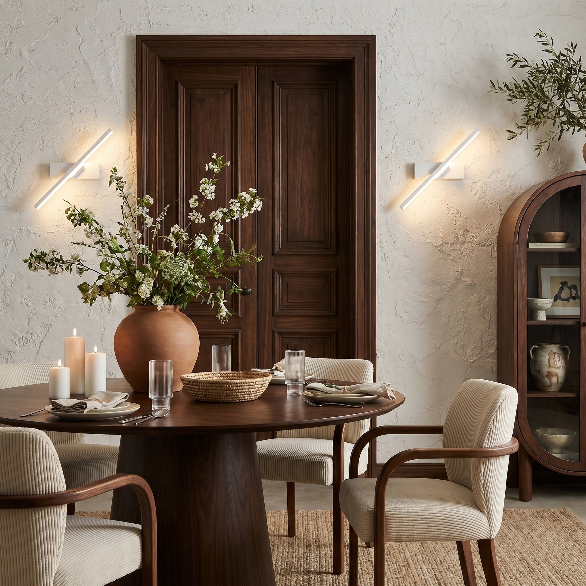 Aluminum black bar adjustable LED wall sconce front view in 50cm length mounted in dining room with LED light lit