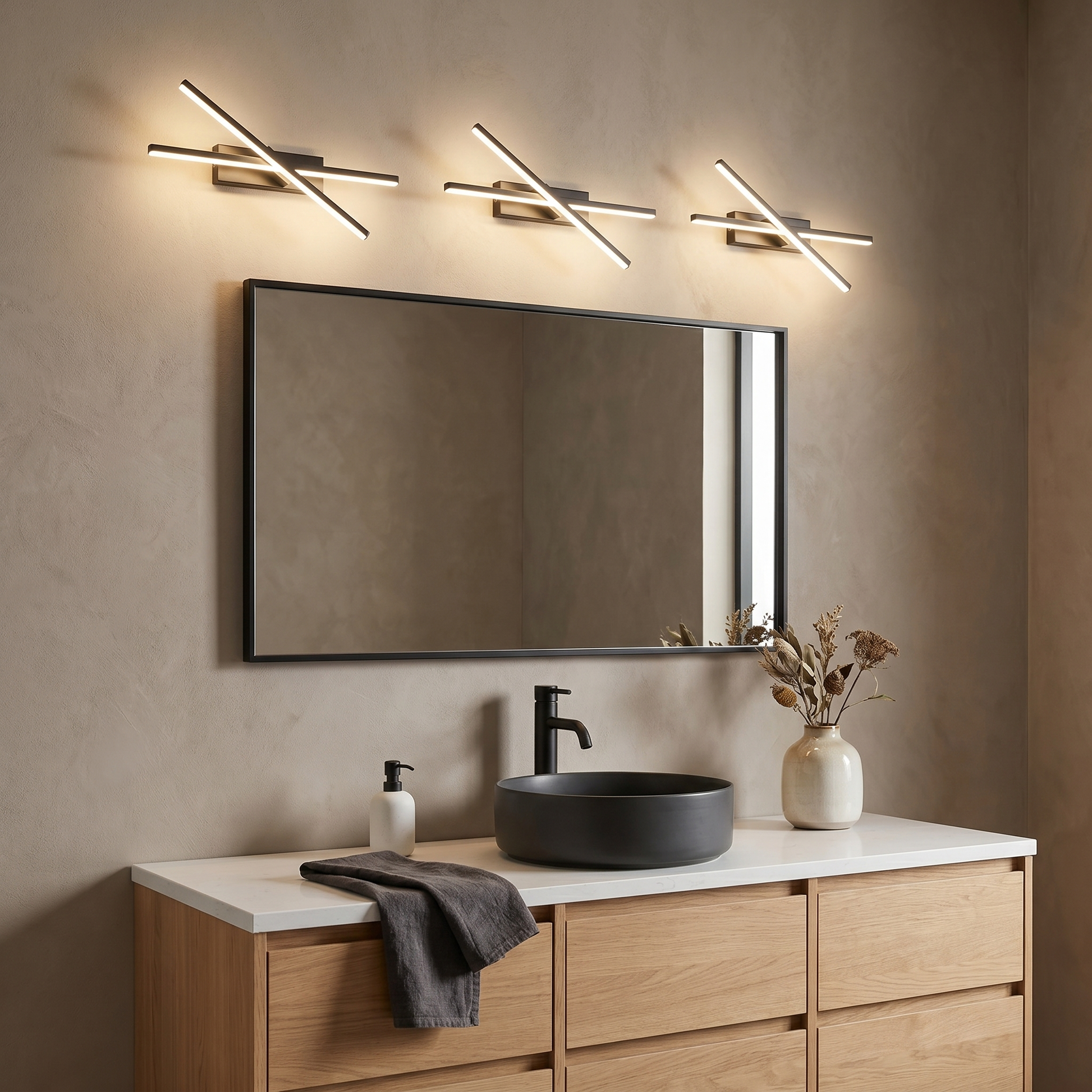 Aluminum black bar adjustable LED wall sconce shown side profile in 50cm length mounted in bathroom with LED light lit