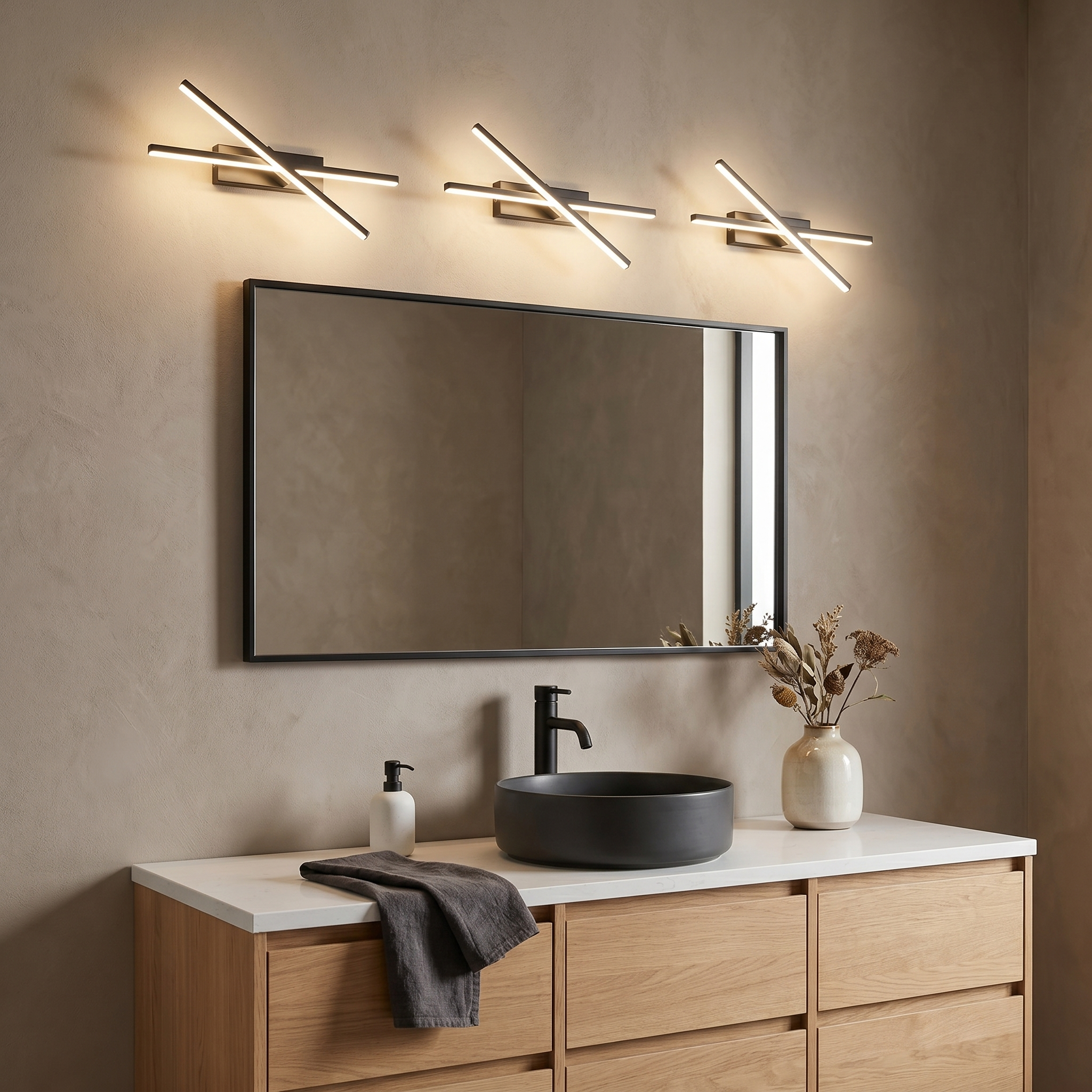 Aluminum black bar adjustable LED wall sconce shown side profile in 50cm length mounted in bathroom with LED light lit