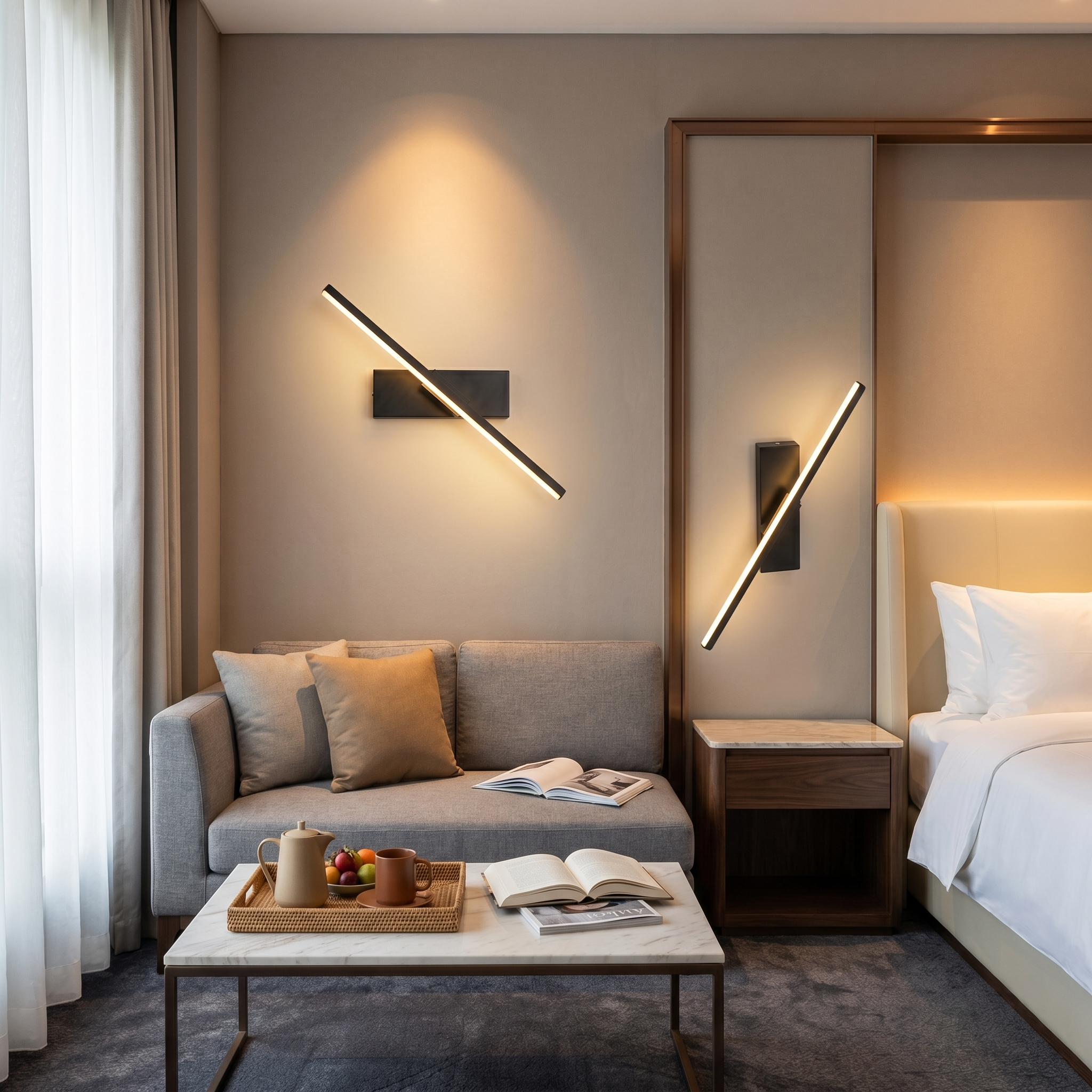 Aluminum black bar adjustable LED wall sconce at three-quarter angle in 40cm length mounted on bedroom wall with light lit