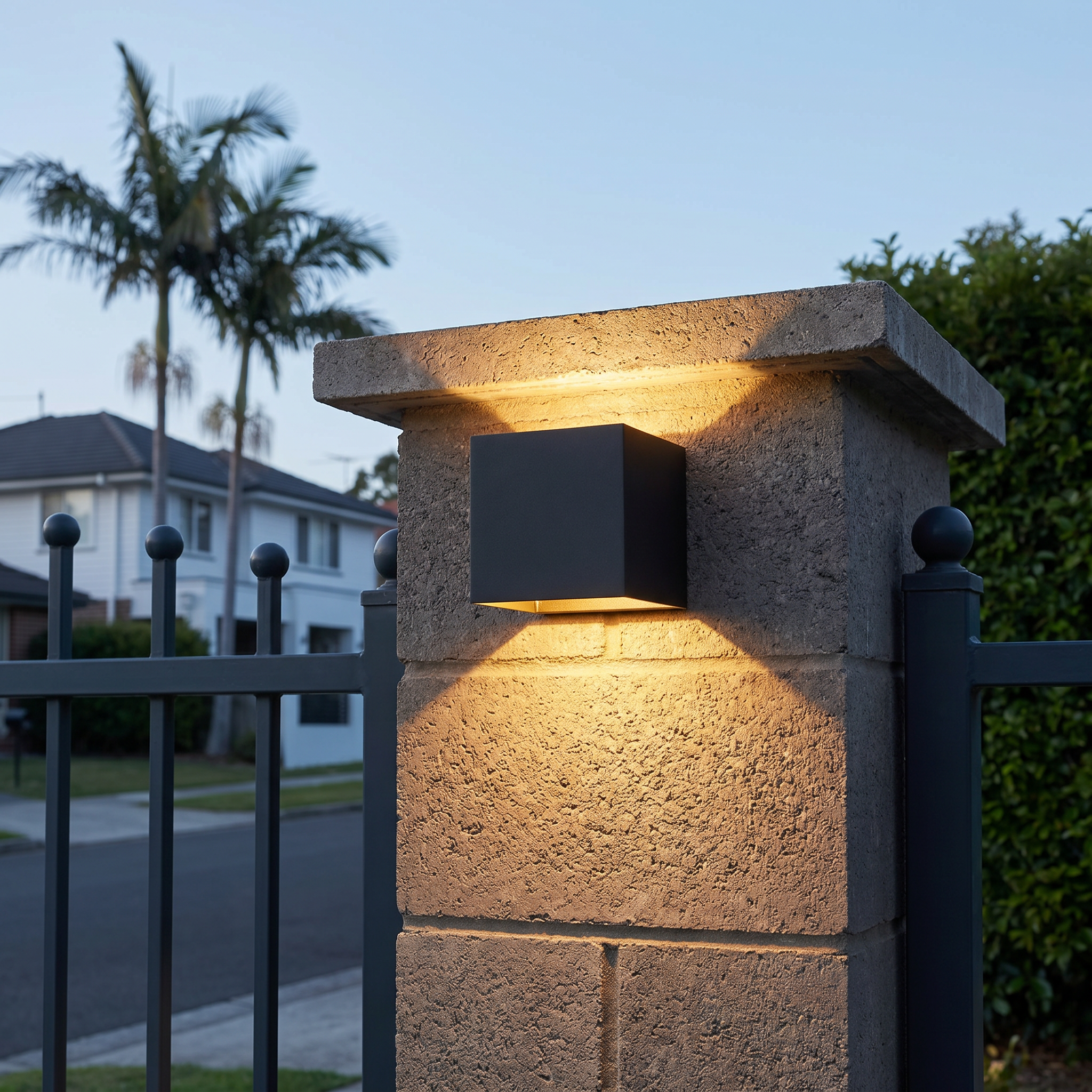Eye-level wide shot of black aluminum square outdoor wall sconce lit on patio wall with warm white dimmable illumination