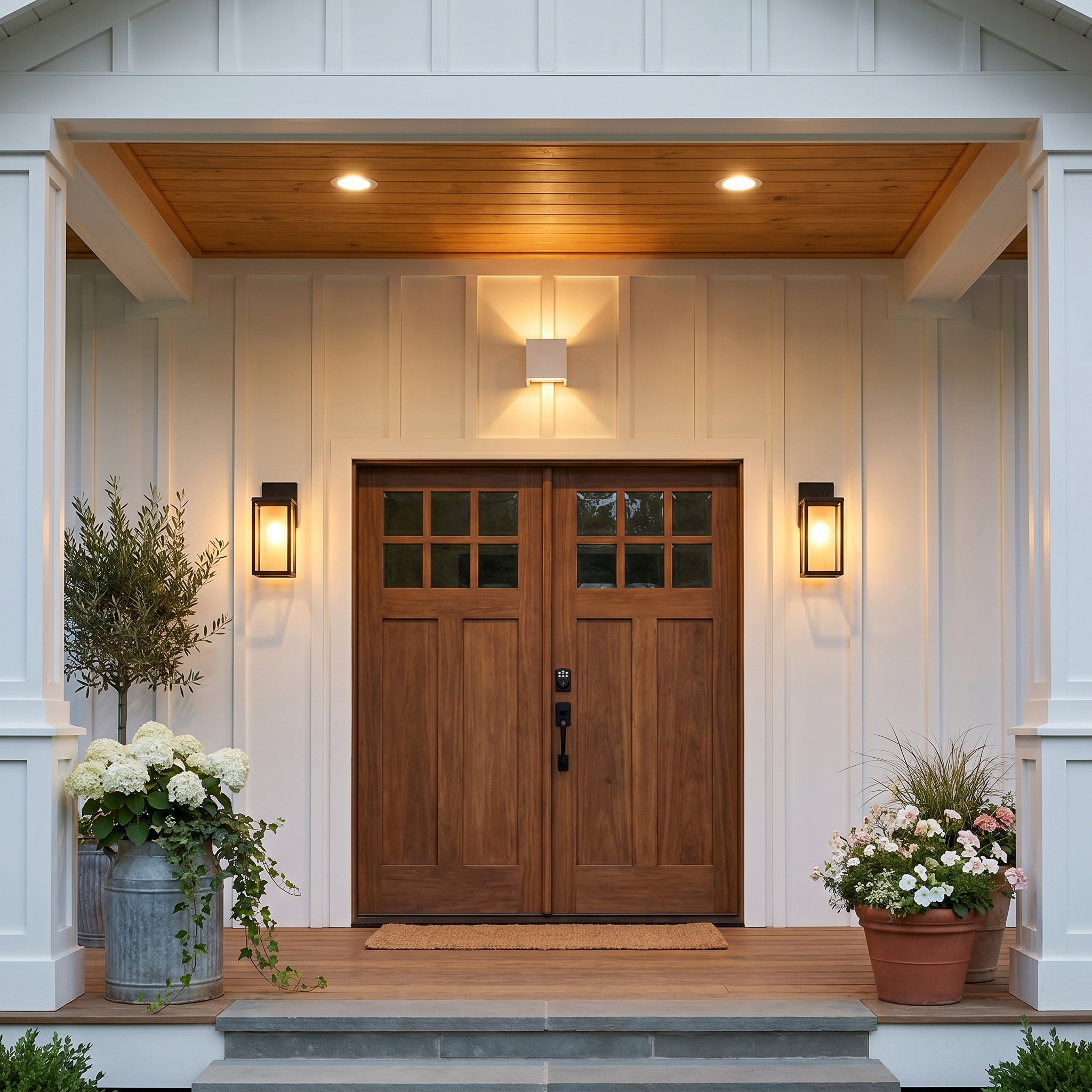 Side profile of black aluminum square outdoor wall sconce lit at night on exterior wall showing dimmable warm white light