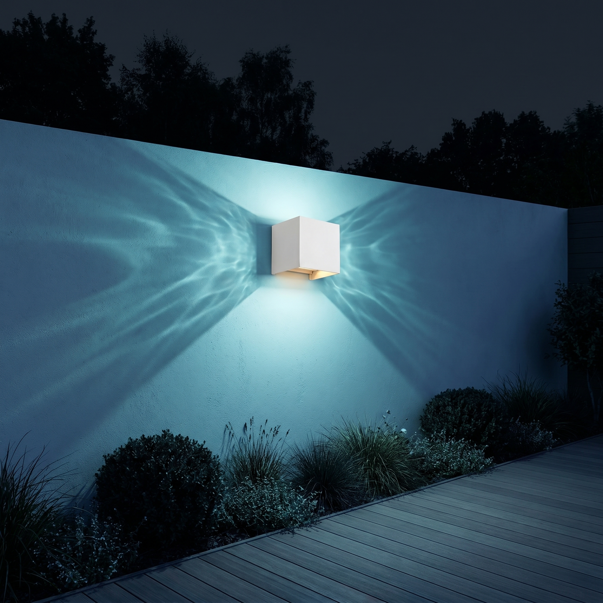 Black aluminum square outdoor wall sconce shown at three-quarter angle lit near window on exterior wall with warm light