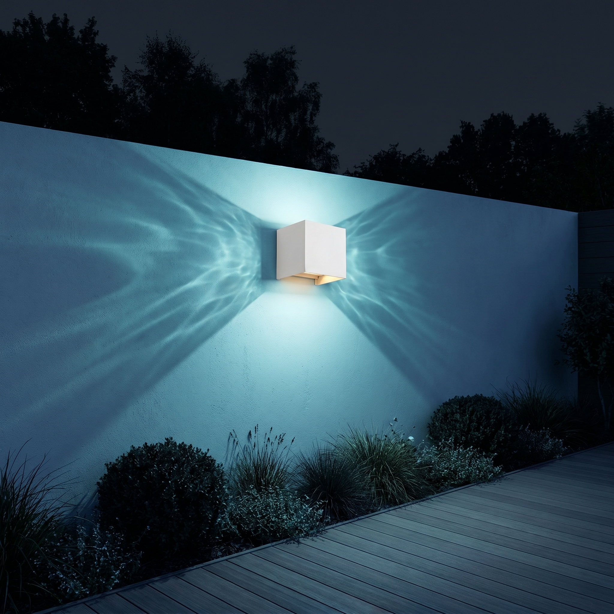 Black aluminum square outdoor wall sconce shown at three-quarter angle lit near window on exterior wall with warm light