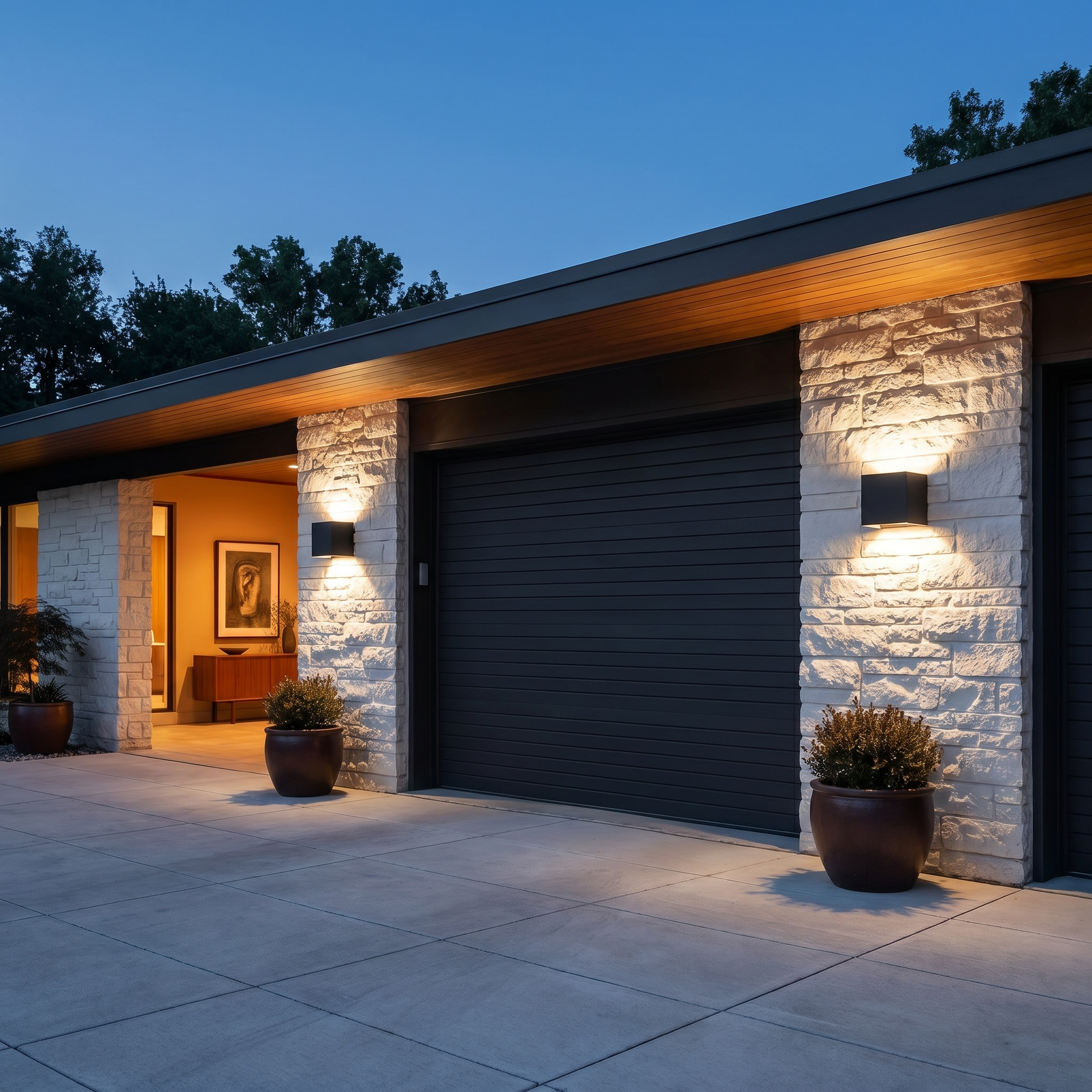 Black aluminum square outdoor wall sconce shown at three-quarter angle lit on a courtyard wall with warm white glow