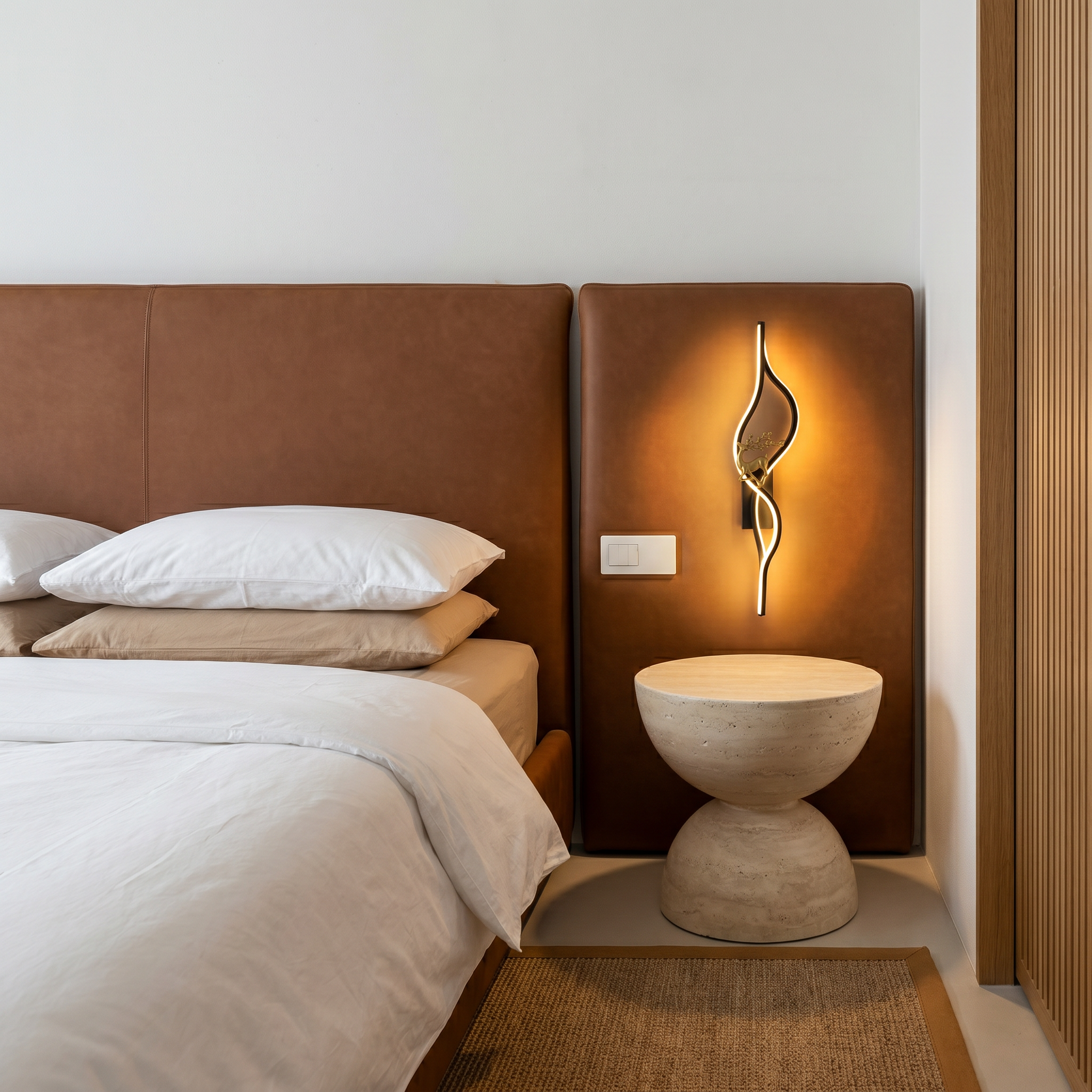 Black 100cm Aluminum Linear Warm Light Smart LED Wall Sconce at three-quarter angle mounted on bedroom wall lit