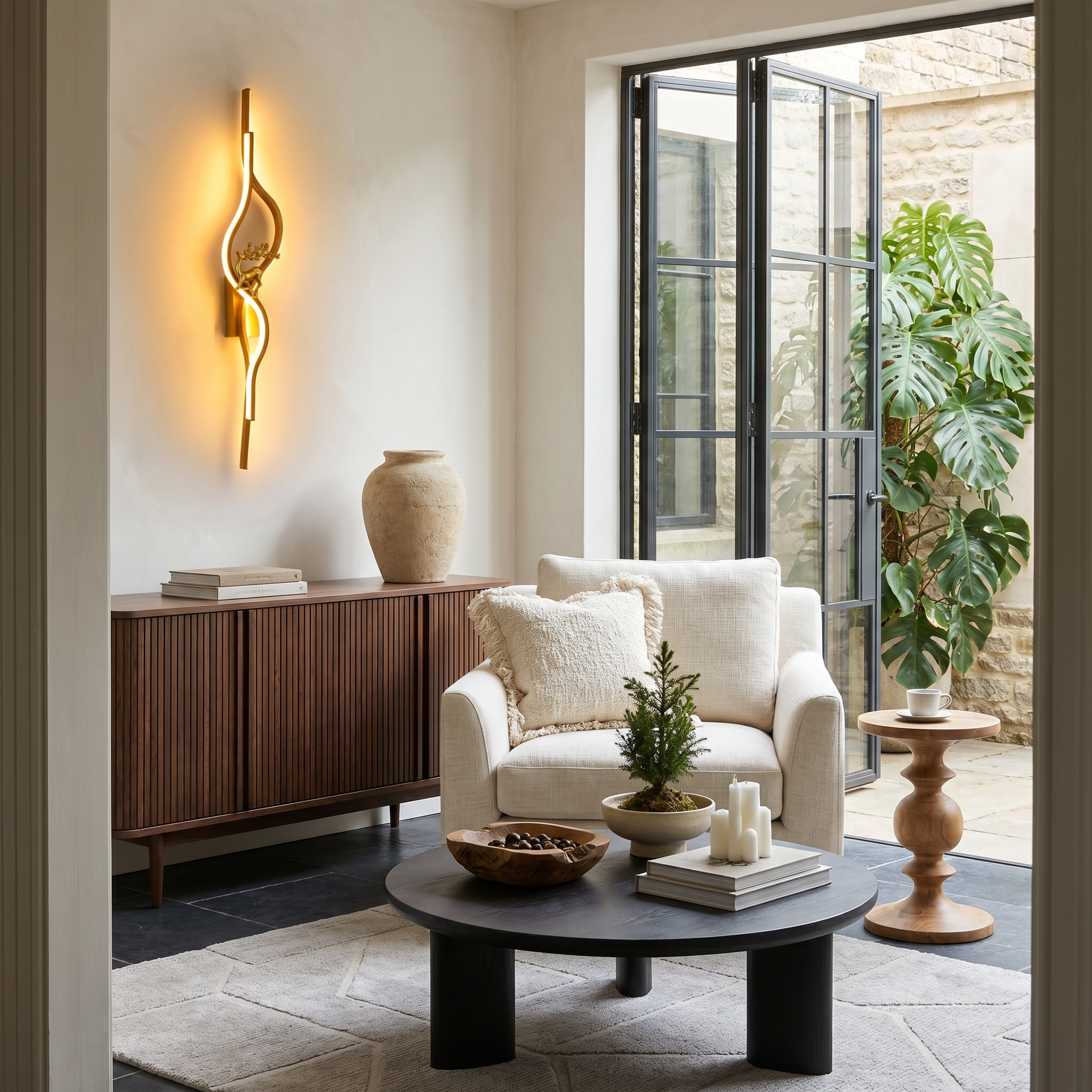 Black 120cm Aluminum Linear Warm Light Smart LED Wall Sconce three-quarter angle on sitting room wall lit