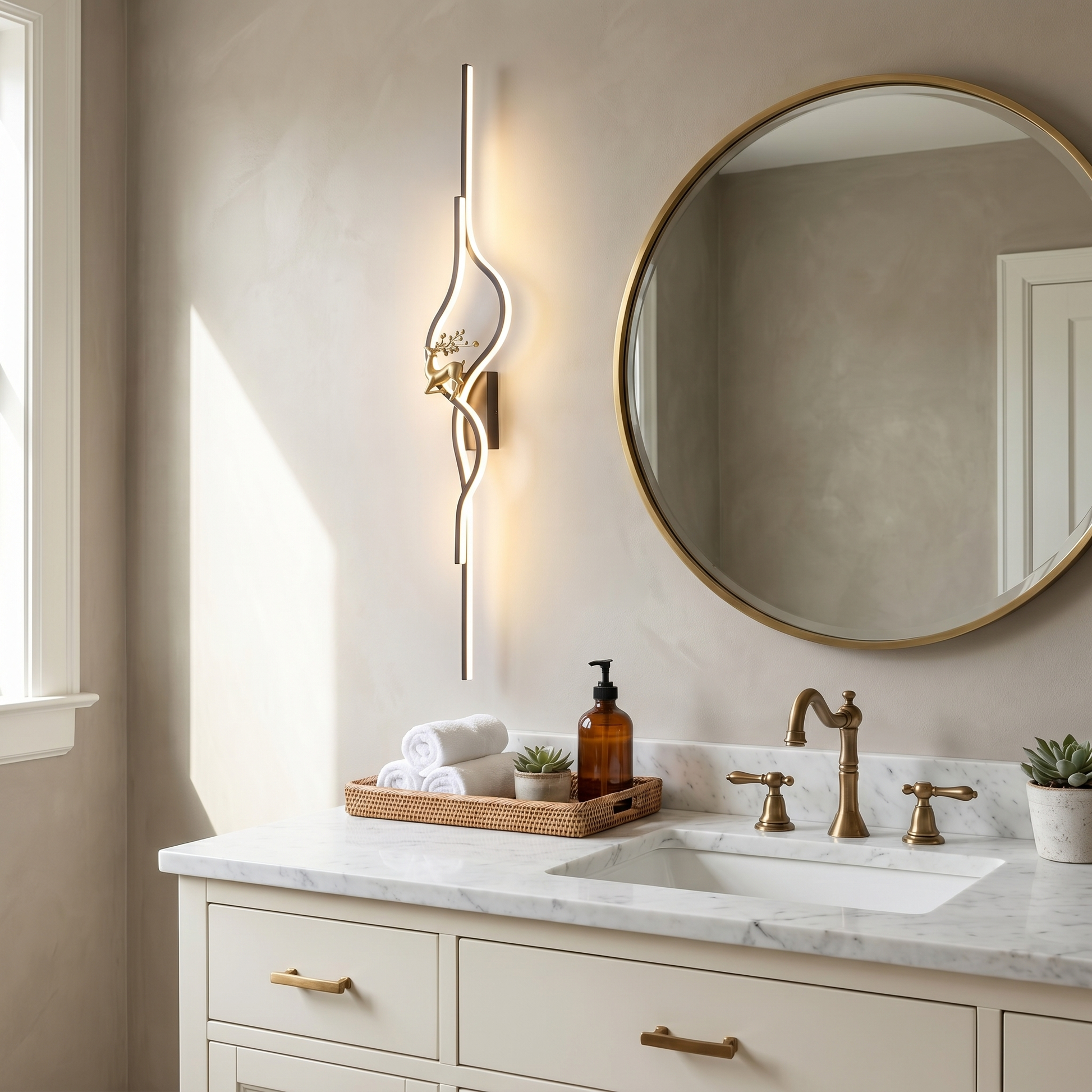 Black 80cm Aluminum Linear Warm Light Smart LED Wall Sconce top-down view on bathroom wall with lit acrylic shade