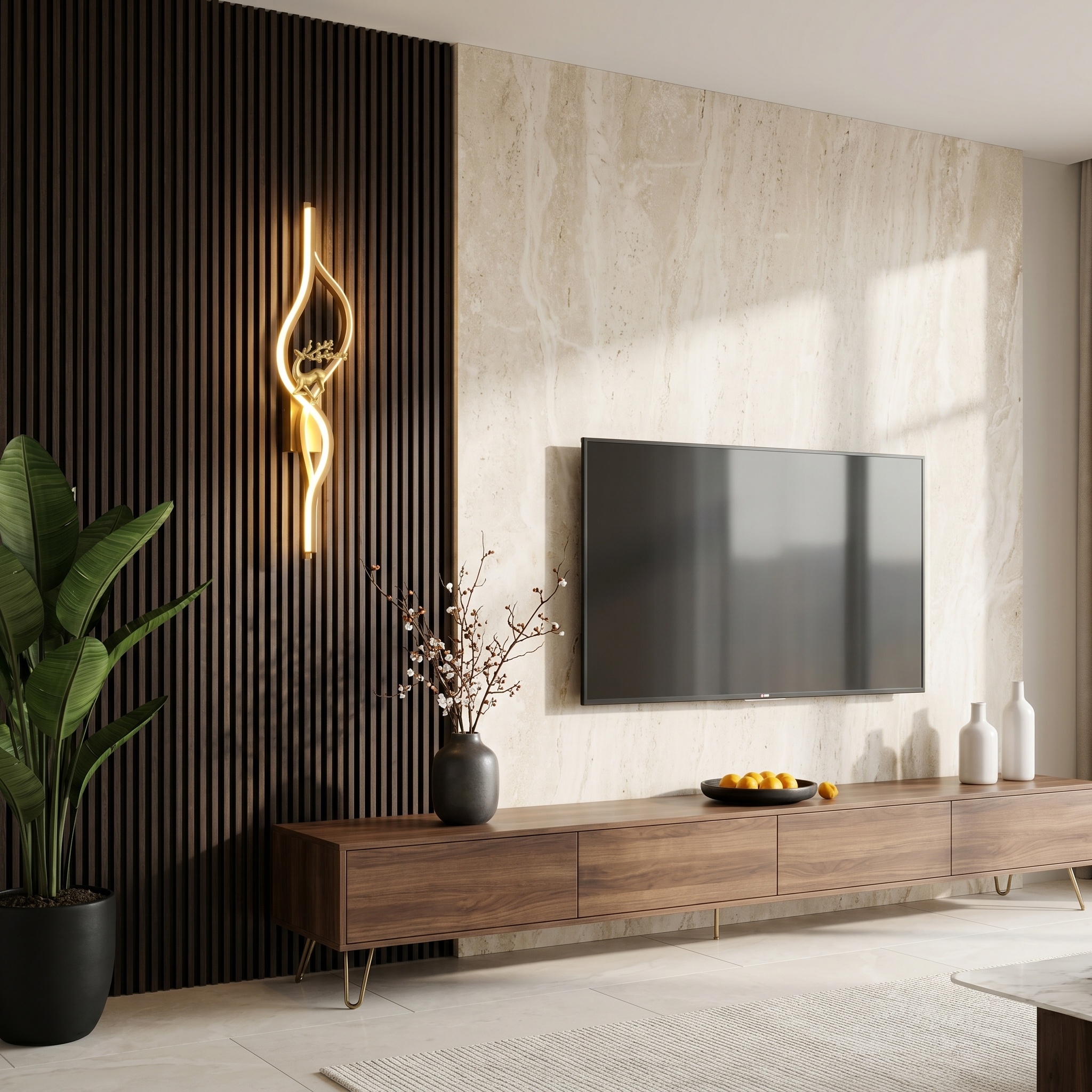Gold 100cm Aluminum Linear Warm Light Smart LED Wall Sconce eye-level view on living room wall lit warmly
