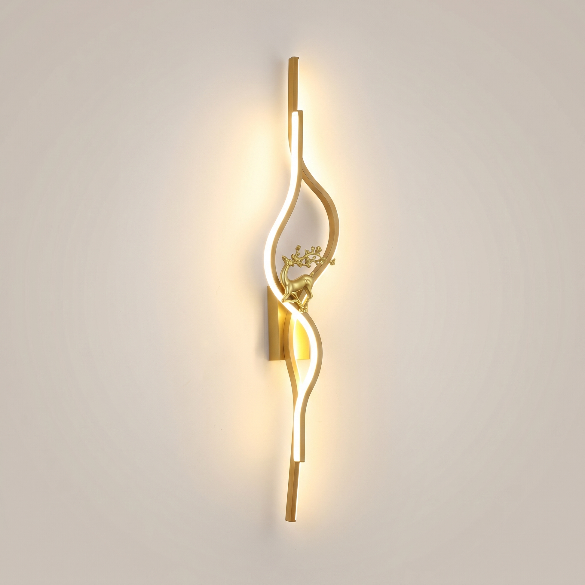 Gold 120cm Aluminum Linear Warm Light Smart LED Wall Sconce three-quarter angle lit on living room wall