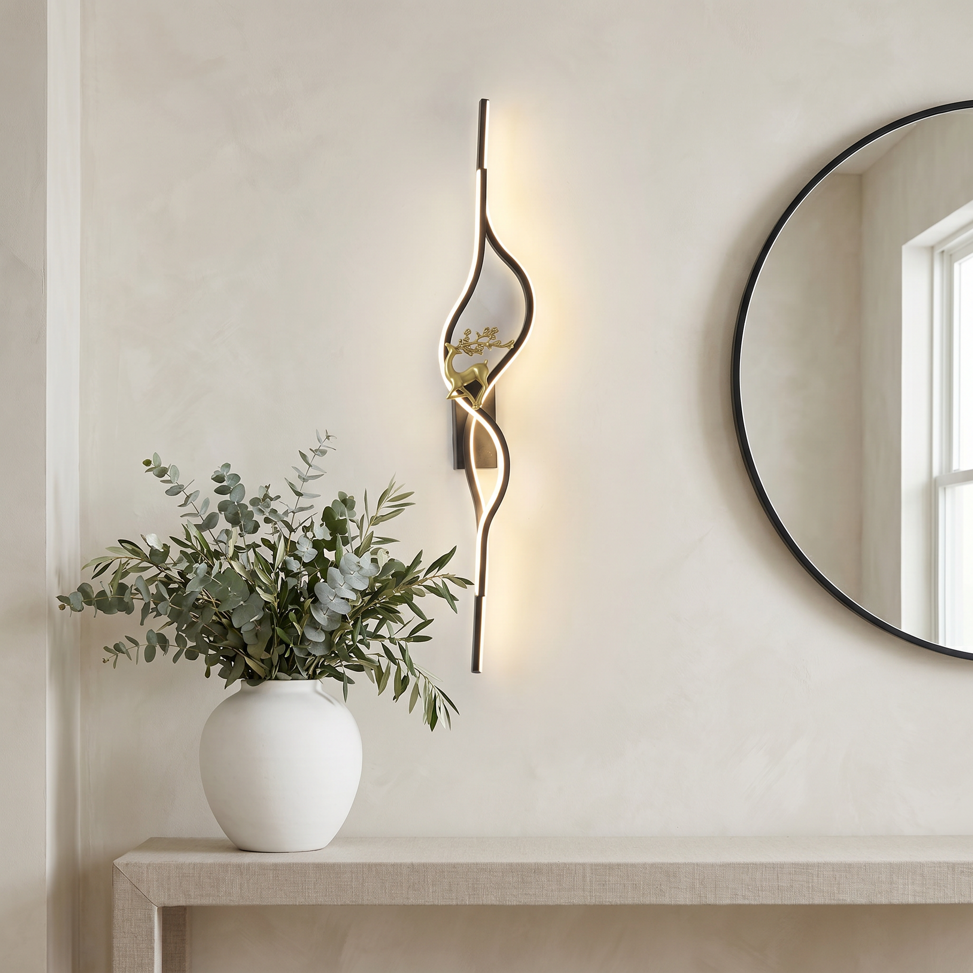 Gold 60cm Aluminum Linear Warm Light Smart LED Wall Sconce side profile on foyer wall showing warm light