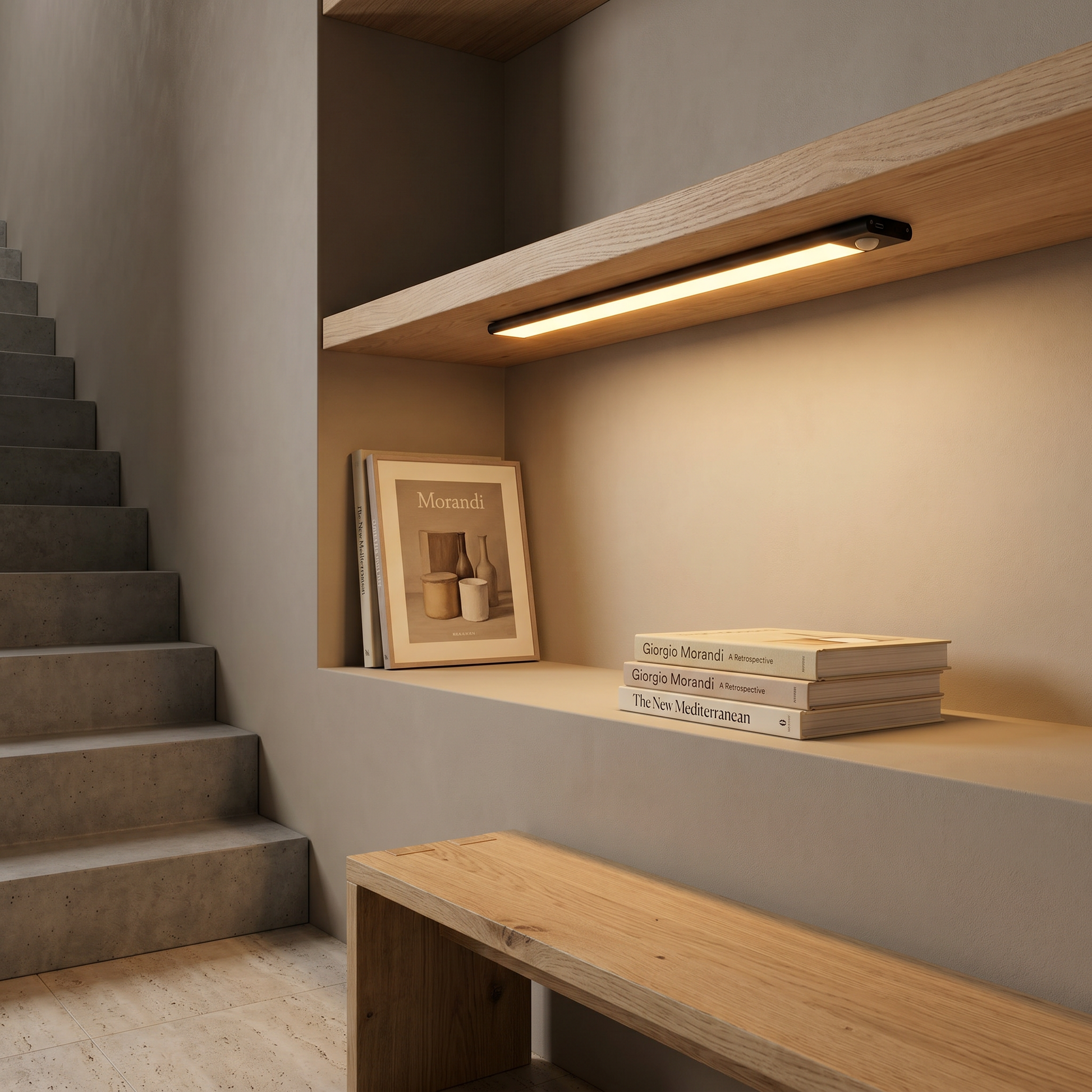 Eye-level wide view of aluminum silver linear motion sensor rechargeable under cabinet light lit in silver on sitting room surface with magnetic adhesive