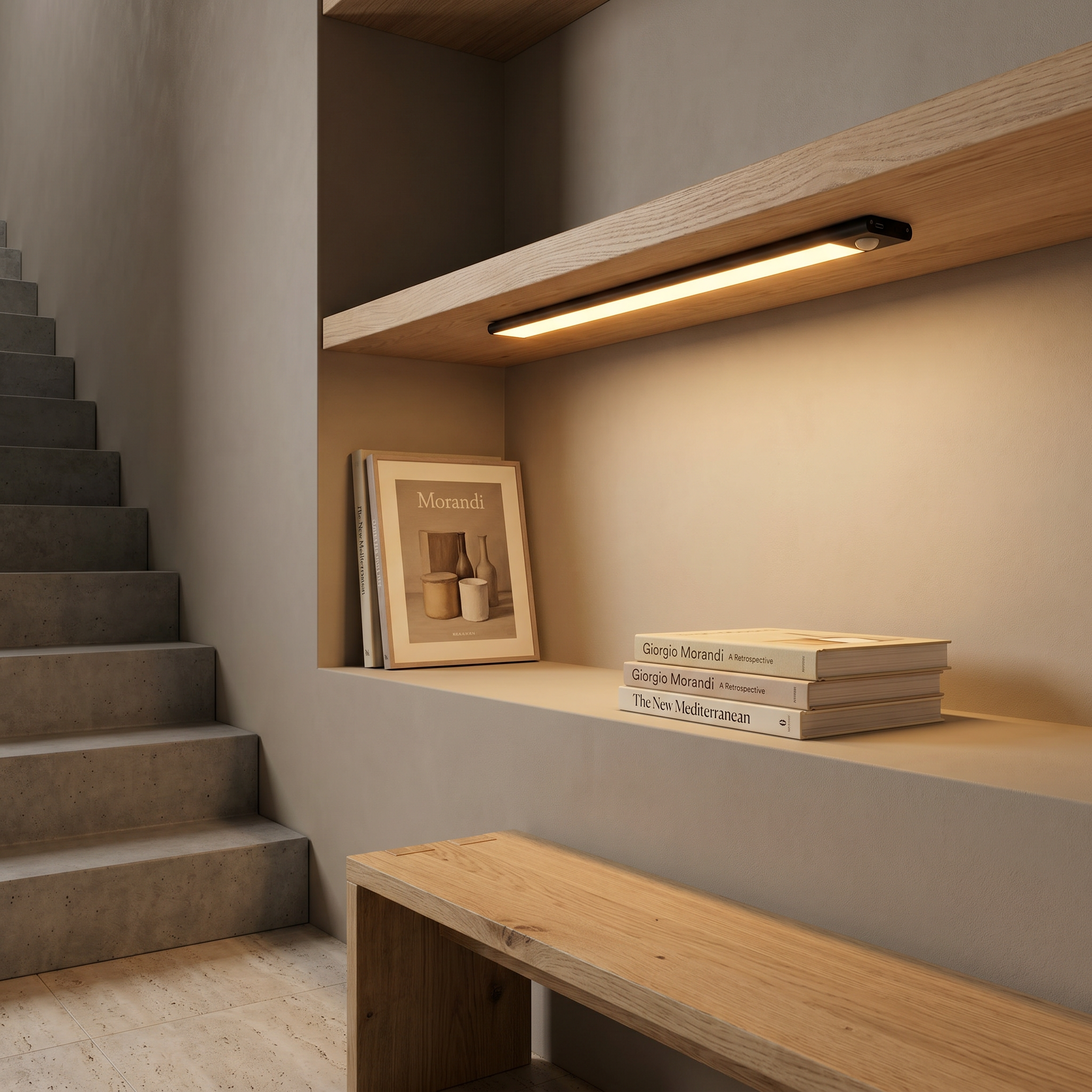 Eye-level wide view of aluminum silver linear motion sensor rechargeable under cabinet light lit in silver on sitting room surface with magnetic adhesive